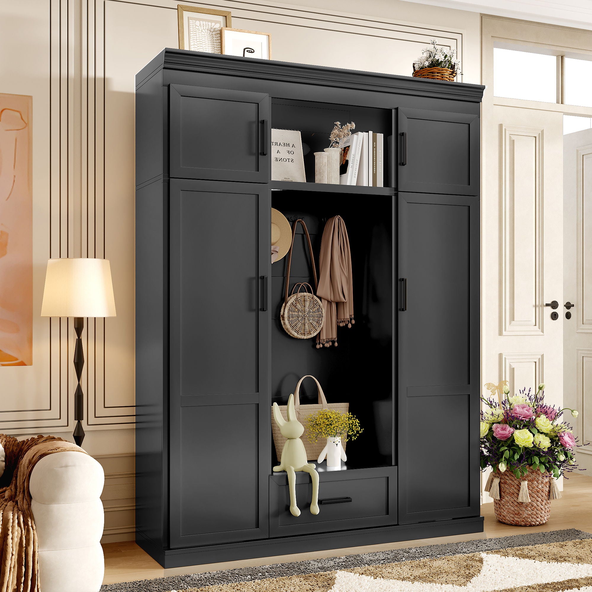 Hall Tree With Bench And 3 Hooks, Modern Entryway Storage Organizer Cabinet With 4 Doors, 1 Drawer And Adjustable Shelves