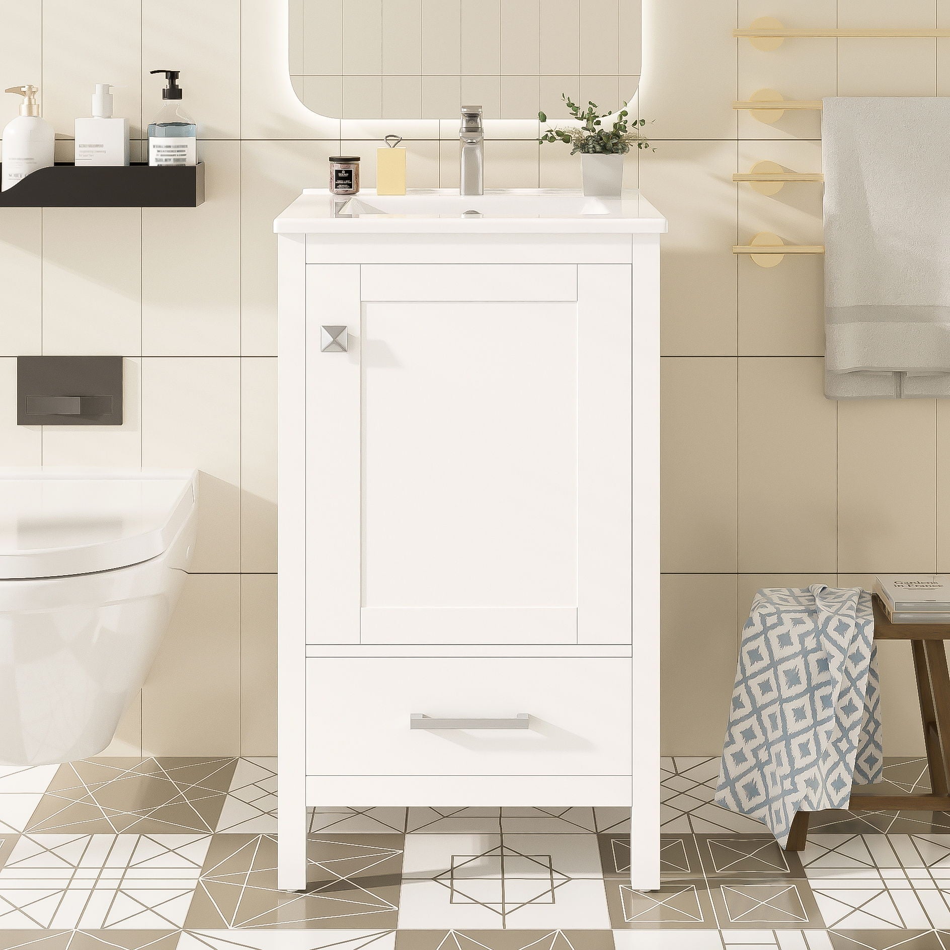 Bathroom Vanity With Ceramic Sink, Soft Close Drawers, Door Organizer, Divider Drawer, Adjustable Foot Pads
