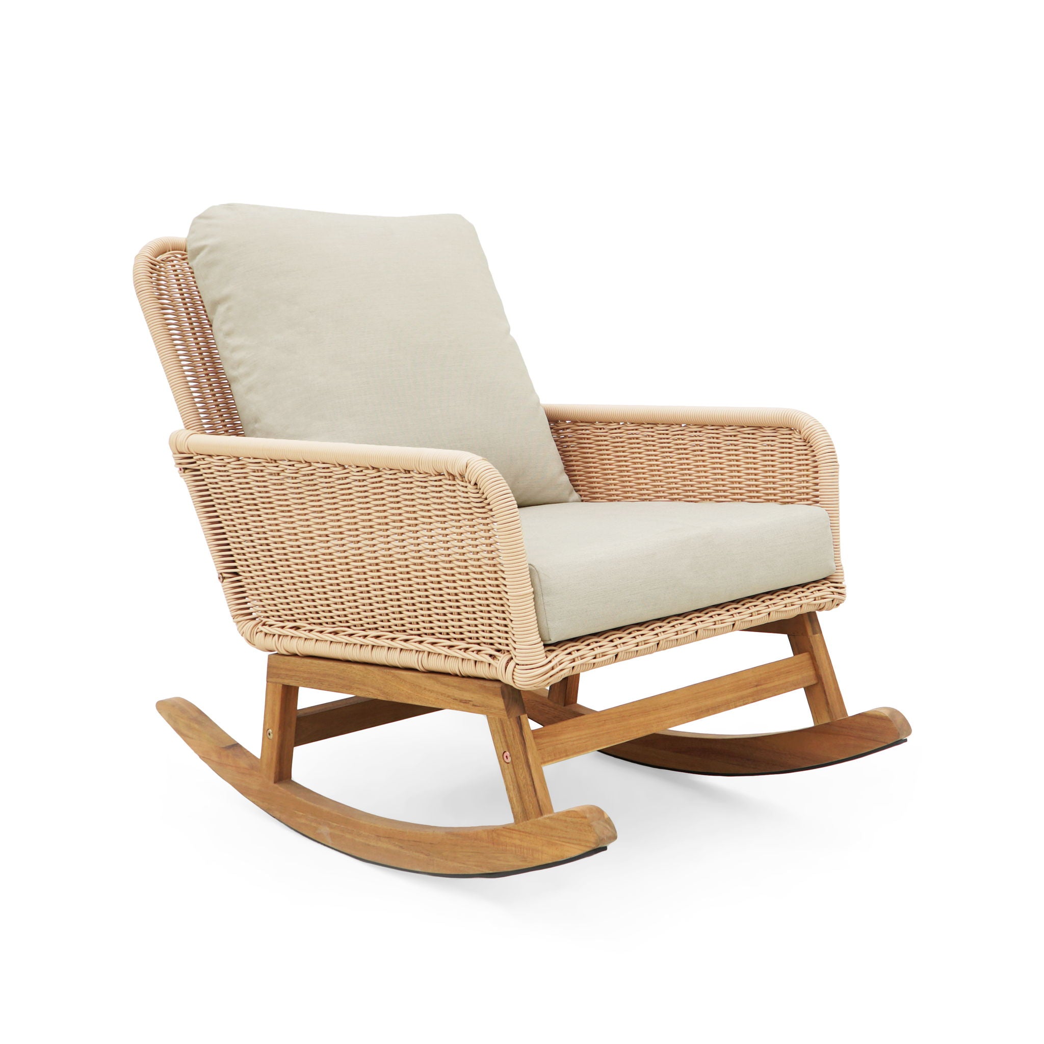 Modern 3 Piece Outdoor Seating Set With Cushioned Rattan Rocking Chairs And Wooden Accent Table