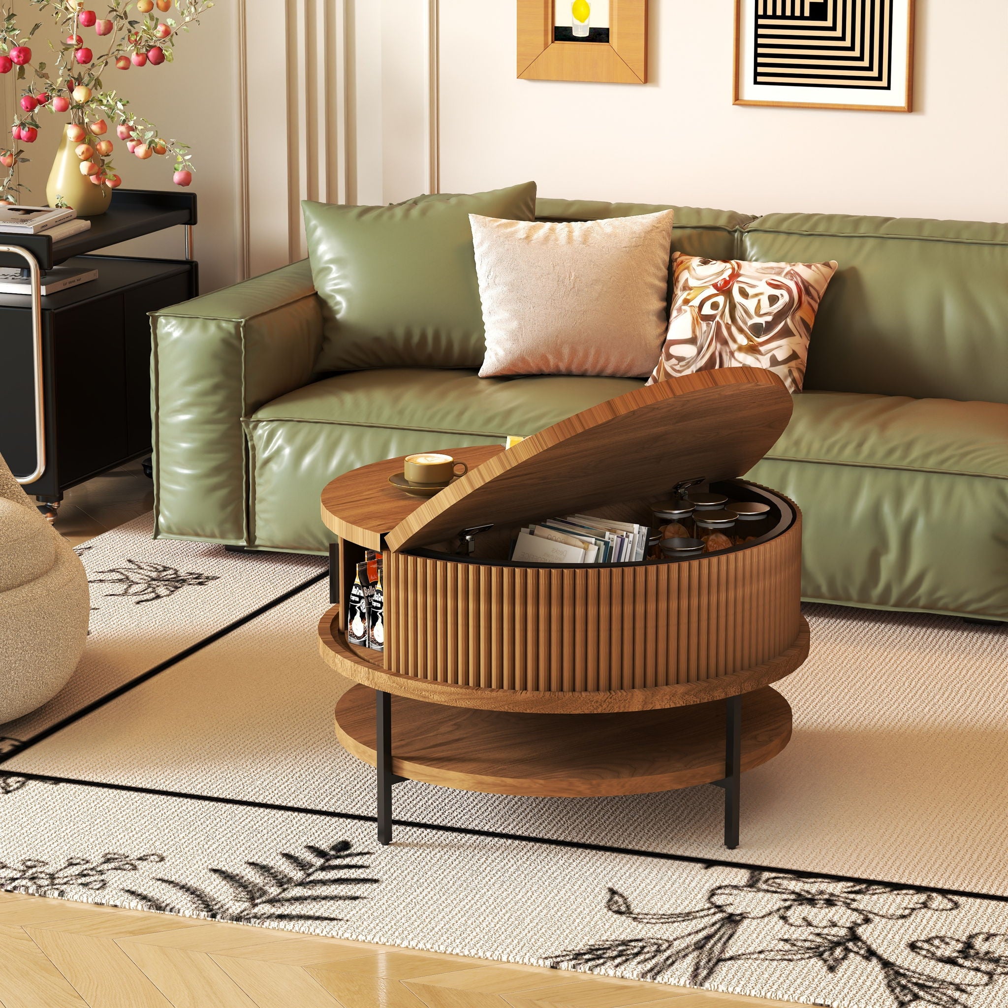 Flip-Top Round Coffee Table With Storage - Brown