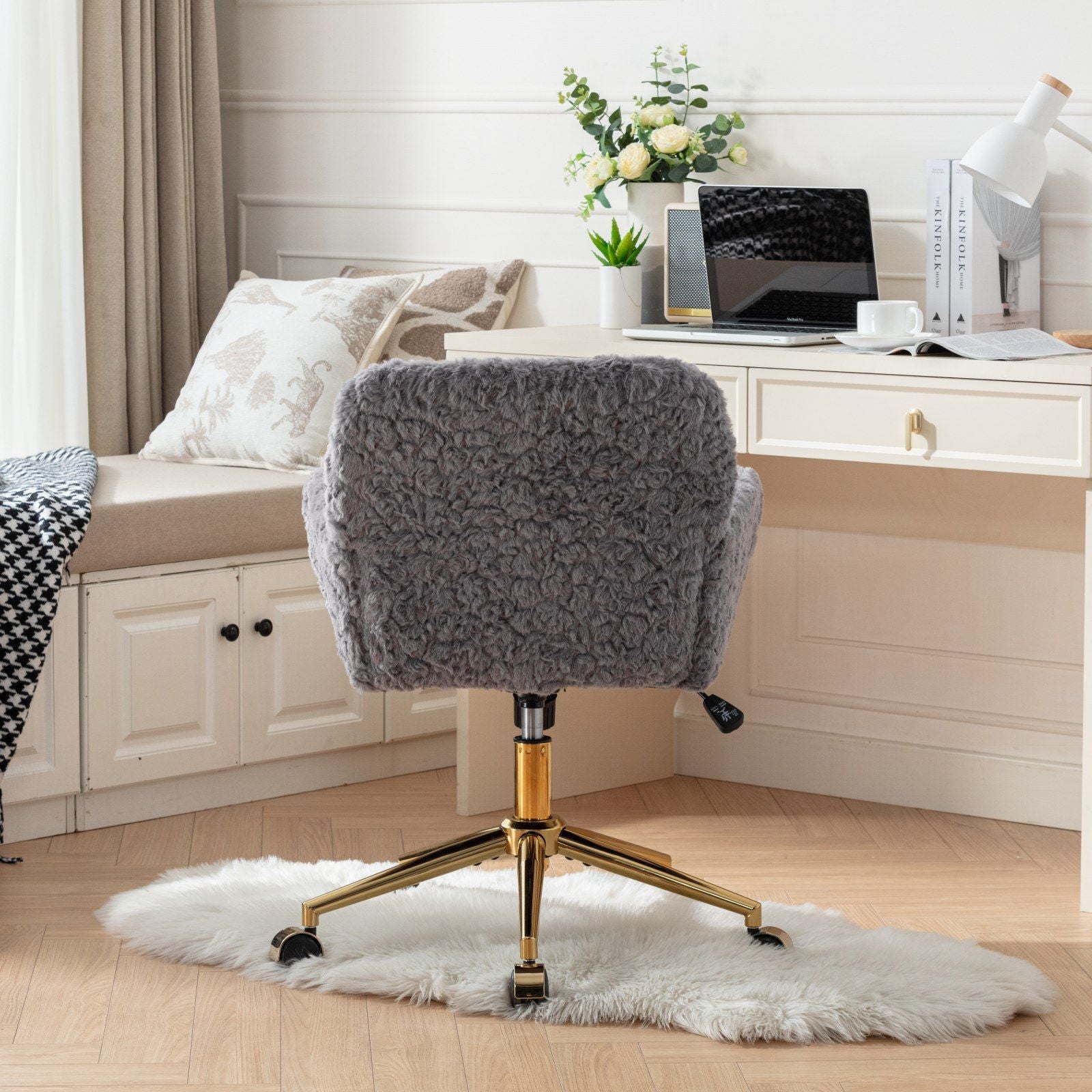 Office Chair, Artificial Rabbit Hair Home Office Chair With Metal Base, Adjustable Desk Chair Swivel Office Chair, Vanity Chair