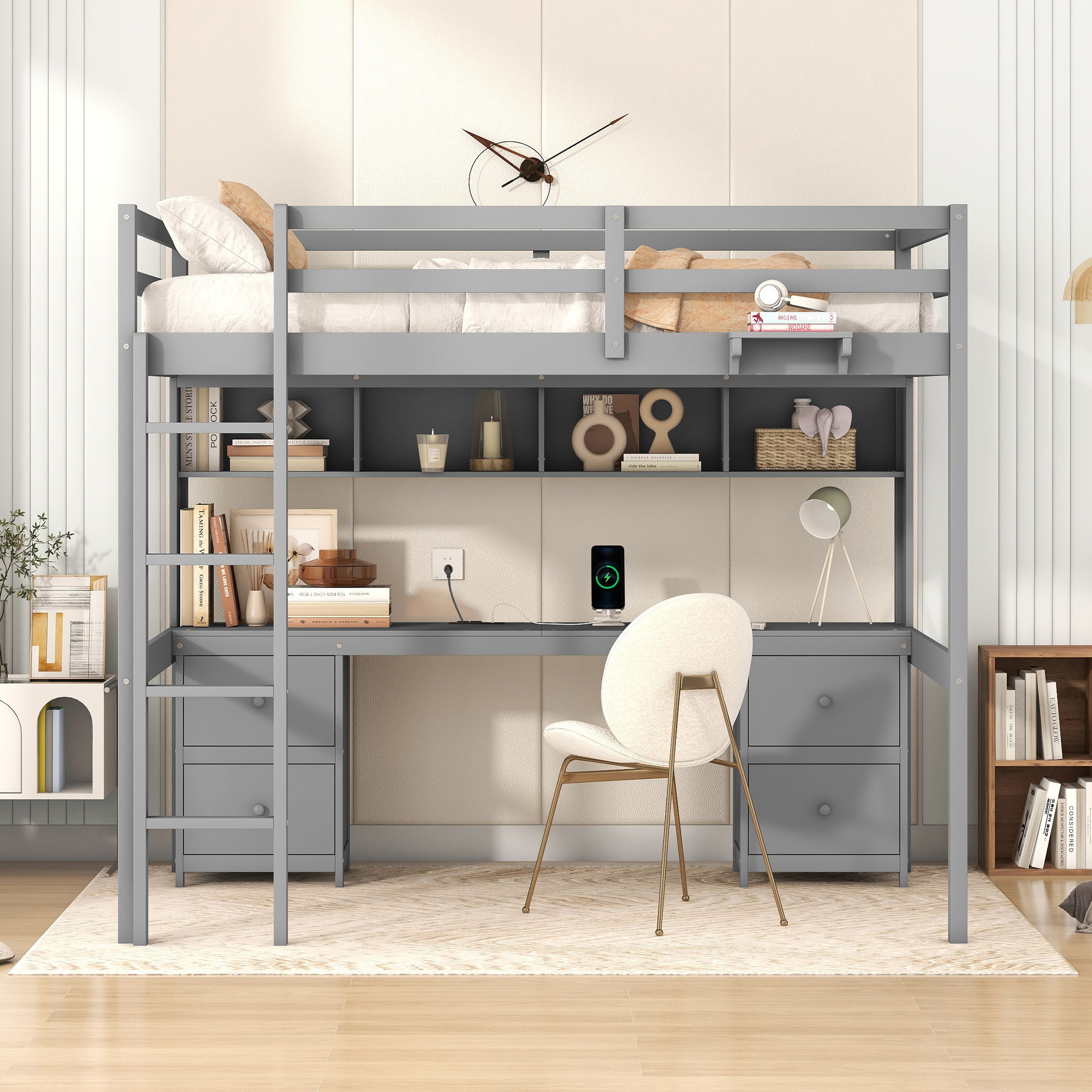 Loft Bed With Desk, Cabinets, Drawers, Charging Station And Bedside Tray