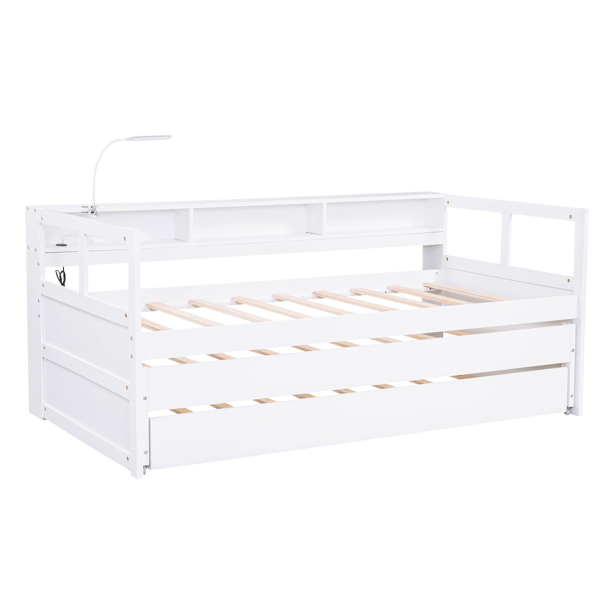 Daybed With 2 Trundles, 3 Storage Cubbies, Built In USB Charging Light