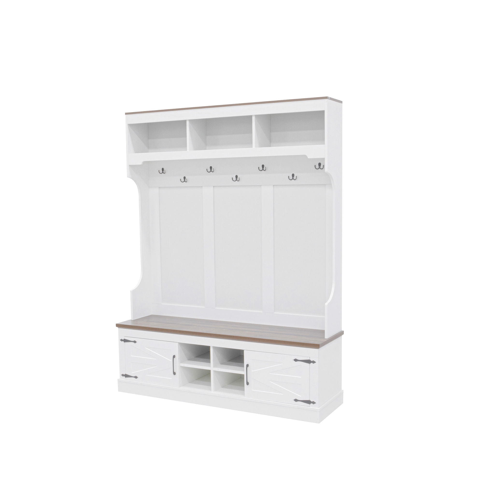 Hall Tree With Bench And Shoe Storage, 5 In 1 Entryway Organizer Cabinet With Coat Rack, 4 Shoe Cubbies & 7 Hooks - White