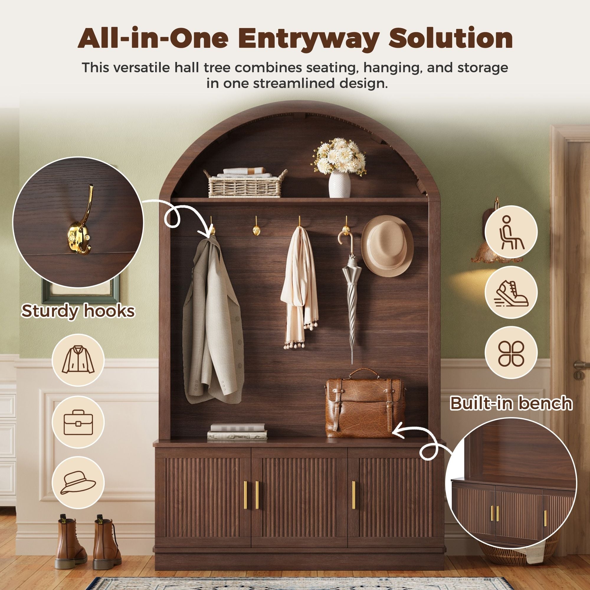 Arched Top Hall Tree With 5 Hooks