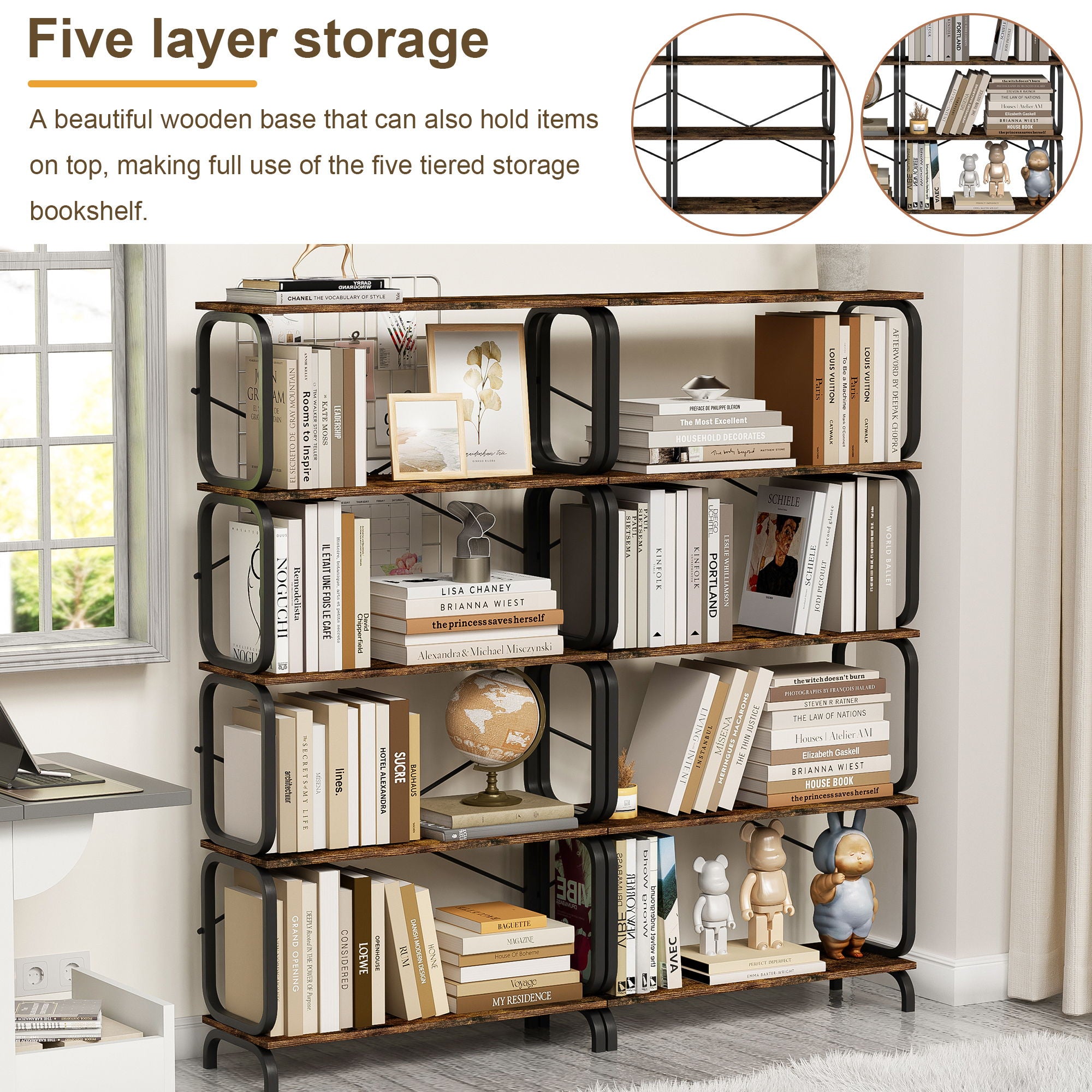 5 Tier Industrial Bookshelf, Tall Bookcase With Open Design, Vintage Storage Organizer