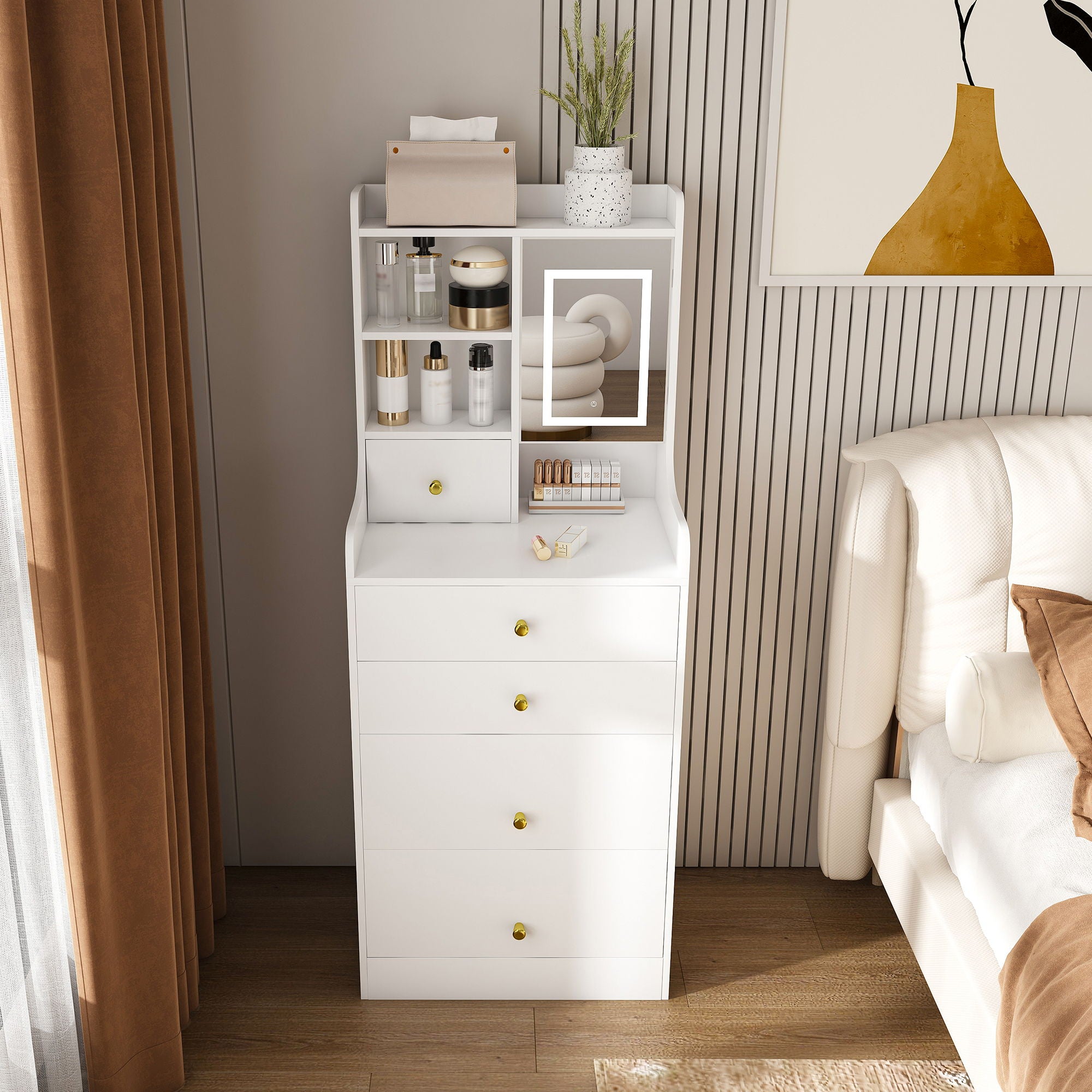 3 In 1 Dressing Table With LED Mirror & Storage Stool, Compact Makeup Vanity - White