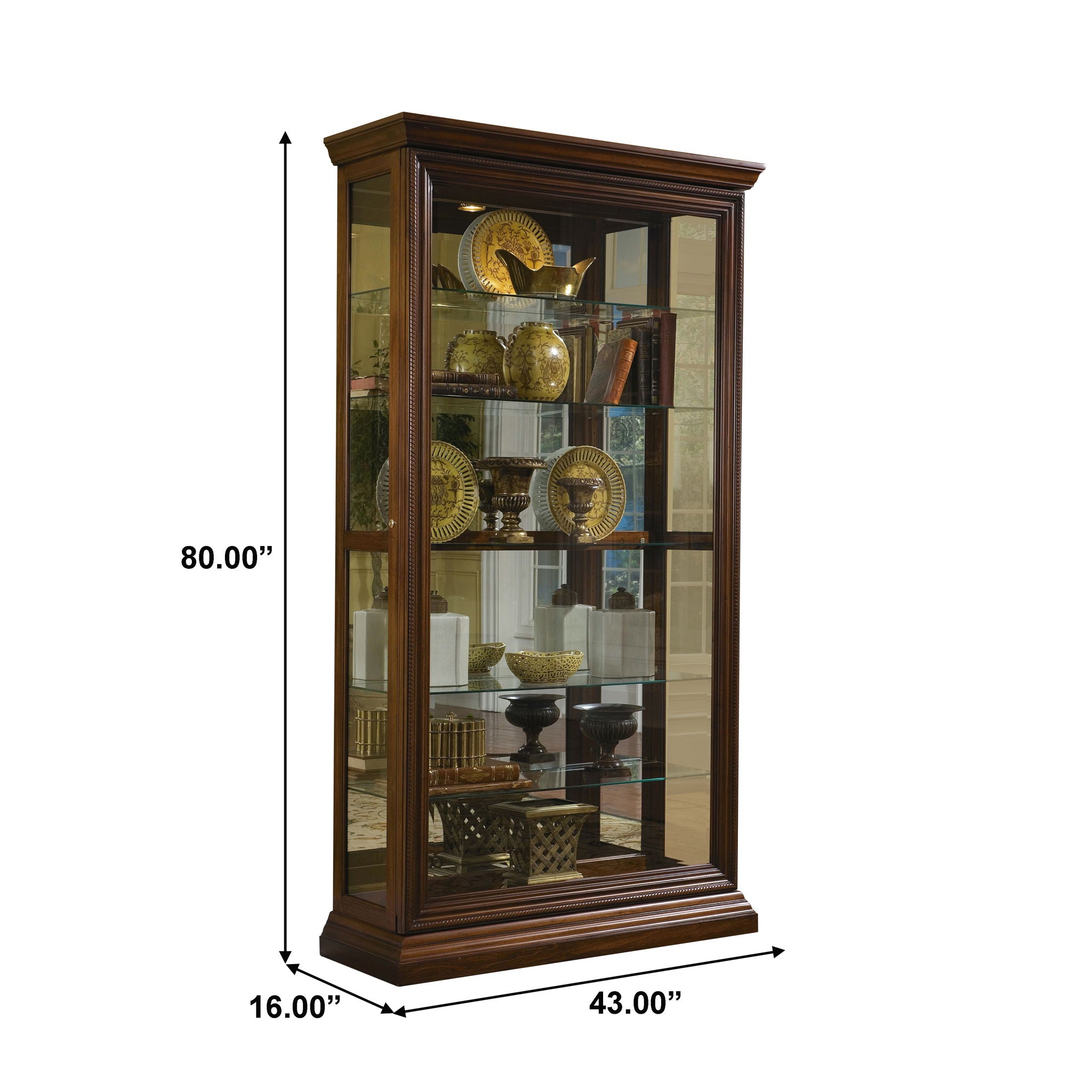 PFC Curios - Edwardian 5 Shelf Sliding Door Curio Cabinet - Oak Brown