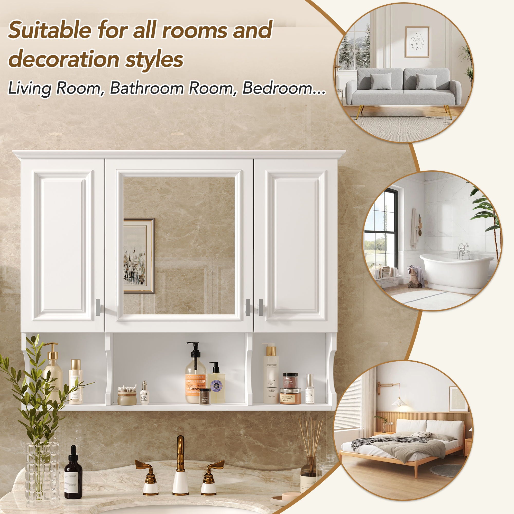 Wall Mounted Bathroom Medicine Wall Cabinet With Mirror & Open Shelves