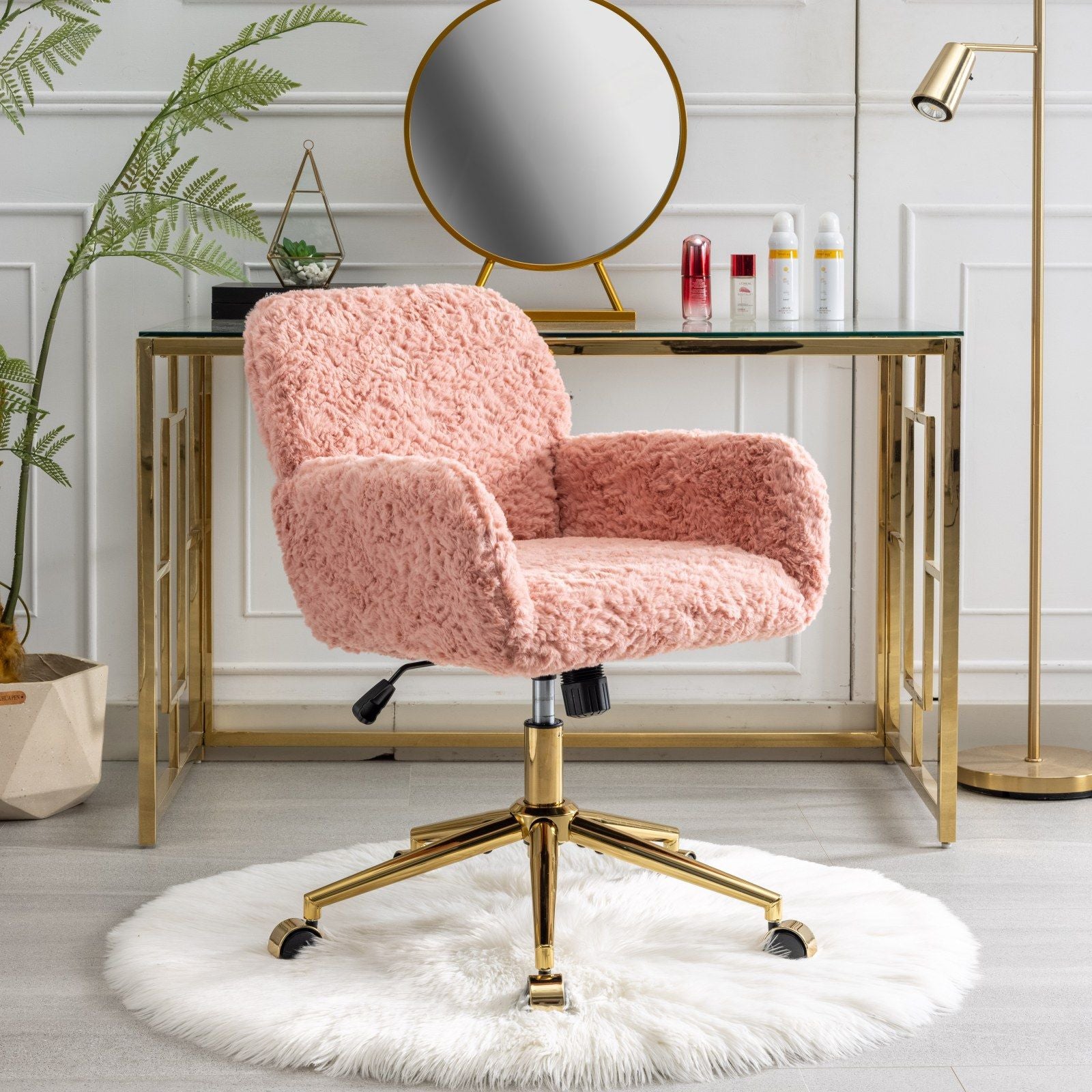 Office Chair, Artificial Rabbit Hair Home Office Chair With Metal Base, Adjustable Desk Chair Swivel Office Chair, Vanity Chair