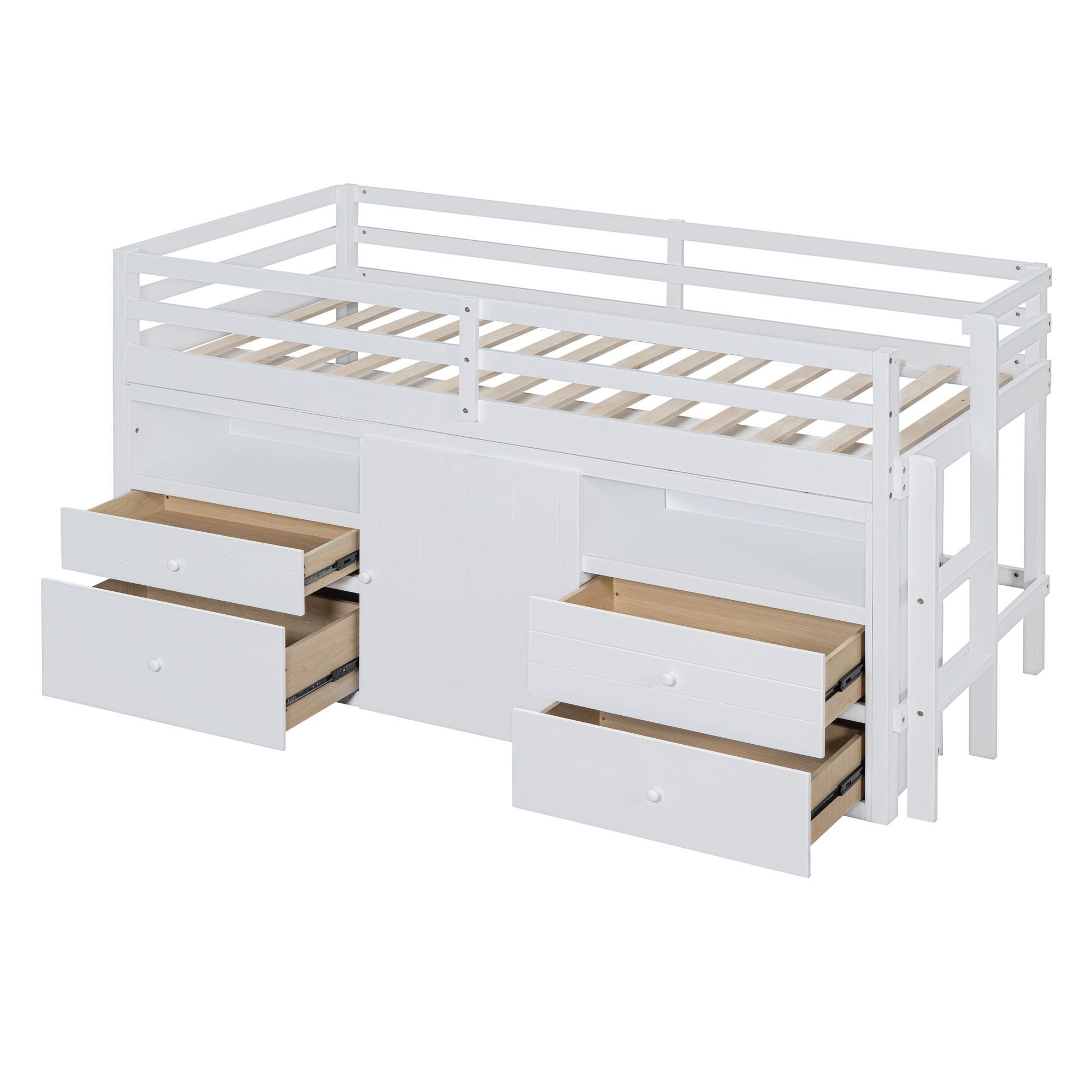 Loft Bed With 4 Drawers, Underneath Cabinet And Shelves