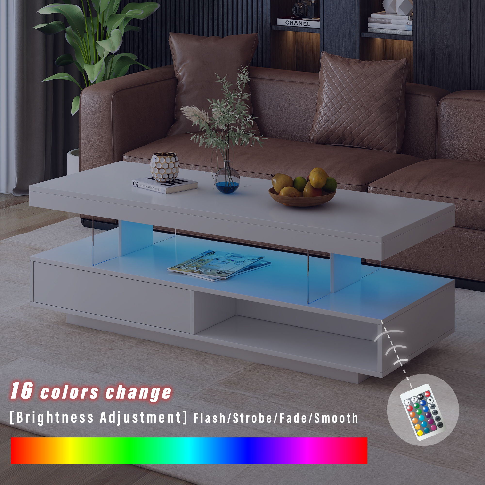 LED Coffee Table With 2 Drawers And Display Shelves