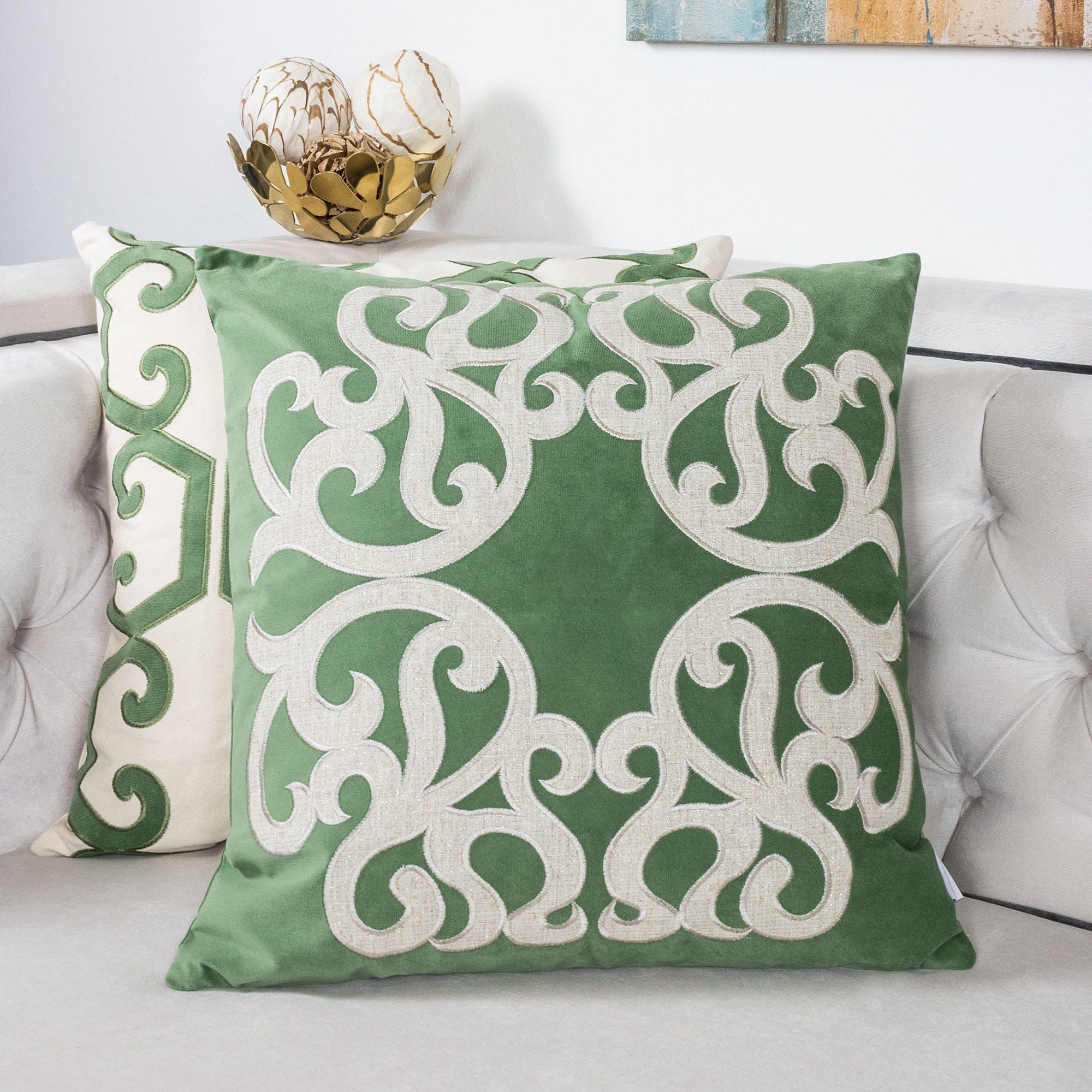 Dora - Vintage Vine Pillow Covers With Hidden Zipper (Set of 2) - Green