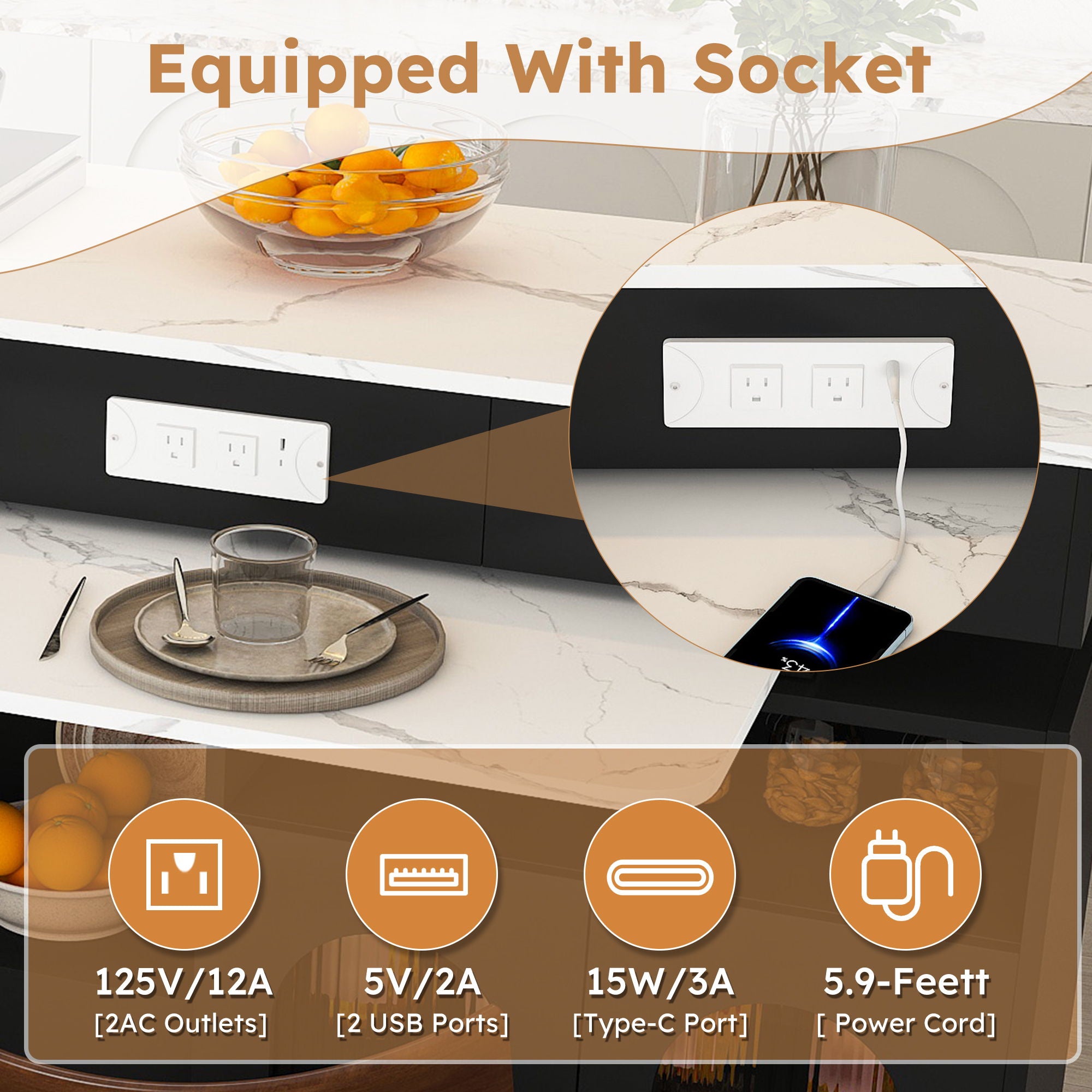 Retro Kitchen Island Set With Chairs, Extendable & Rotating Table, 4 Drawers & Door Cabinets