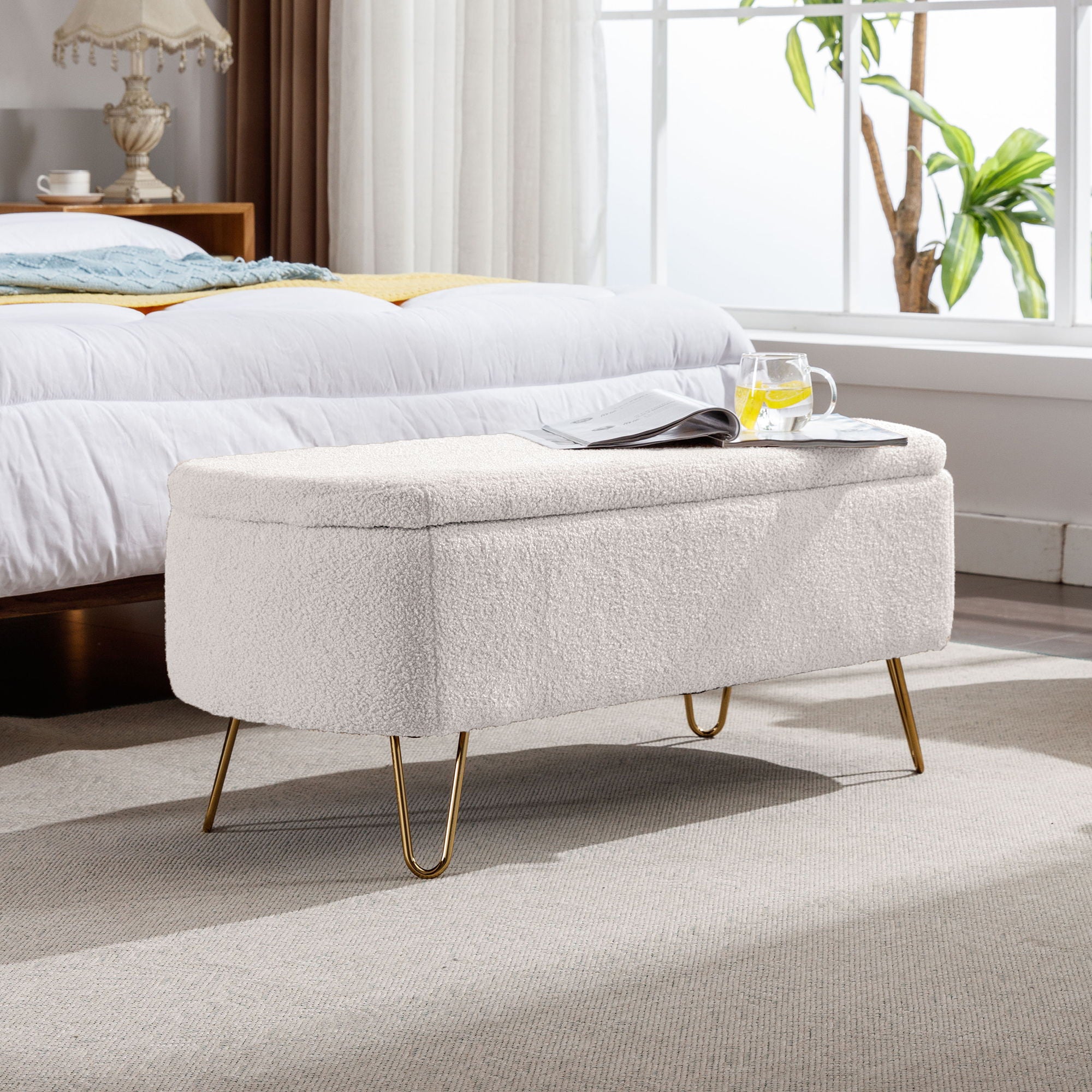 Storage Ottoman Bench For End Of Bed Legs, Modern Camel Faux Fur Entryway Bench Upholstered Padded With Storage For Living Room Bedroom