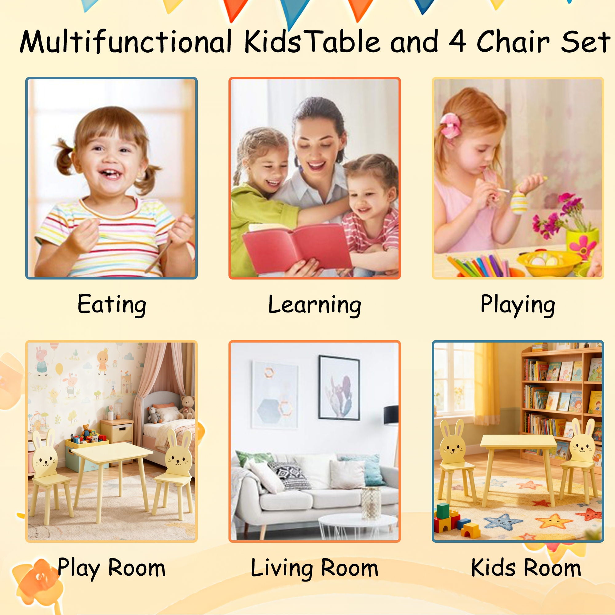 Table And Chair Set With 2 Bunny Chairs, Children's Activity Table For Toddlers, Cute Animal Design - Yellow