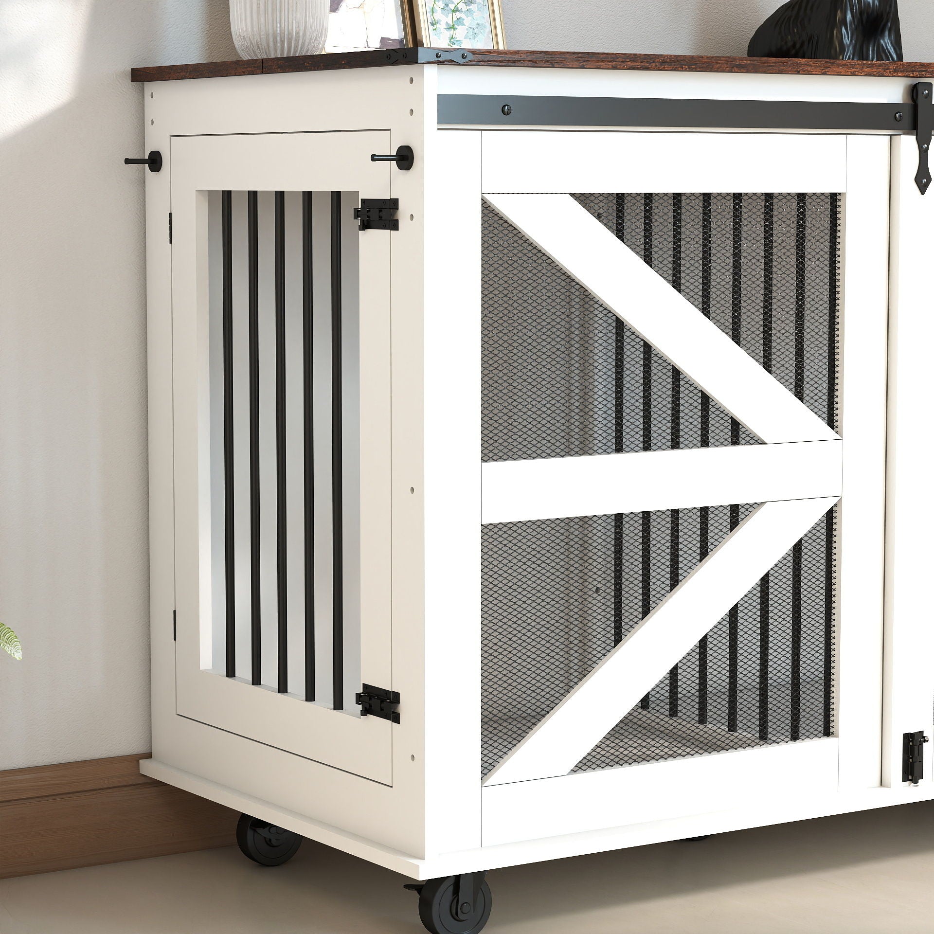 Mobile Dog Crate With Flip Top Feeding Door, Dual Access & 5 Caster System (2 Locking) - Brown White