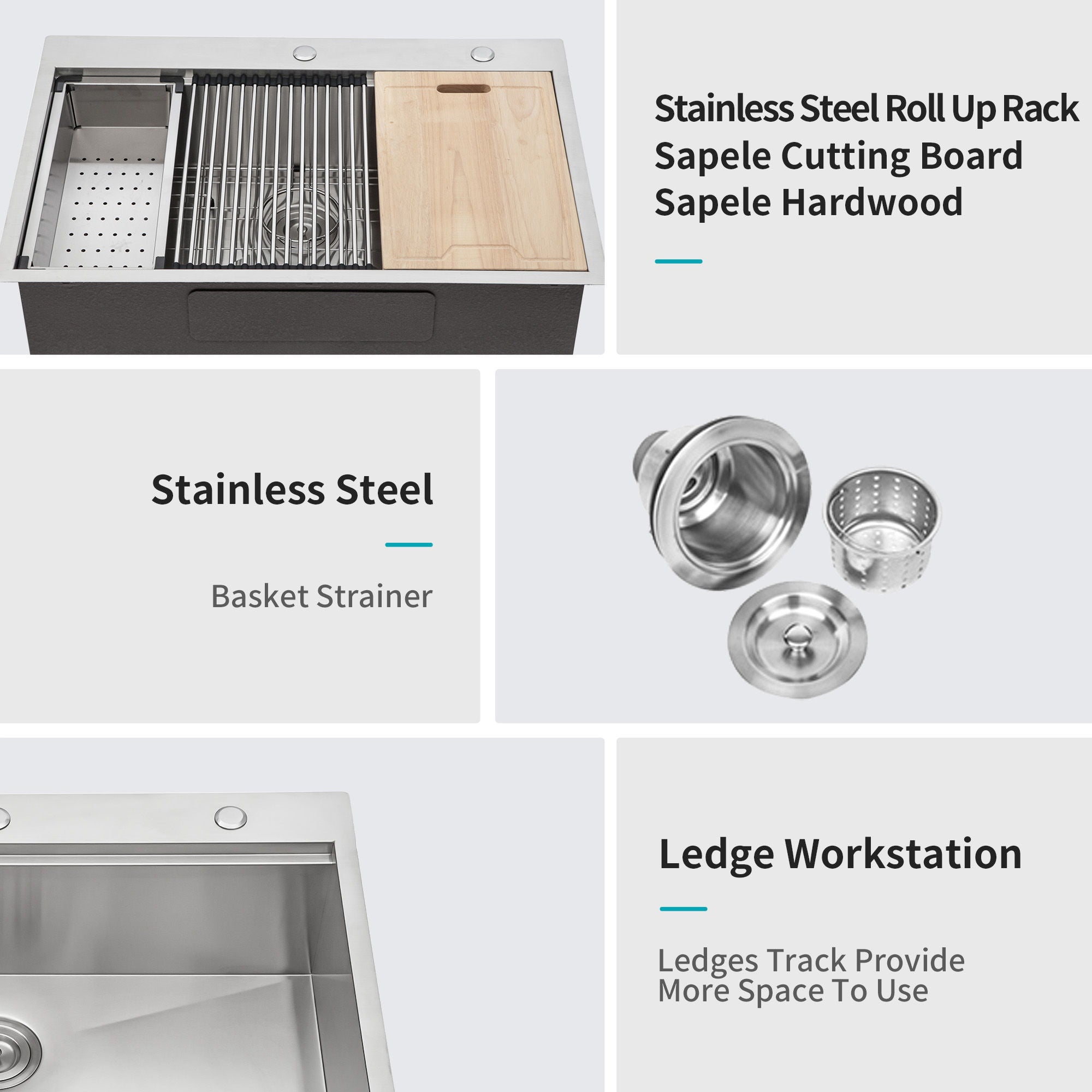 Drop In Kitchen Sink With Workstation, 16 Gauge - Brushed Nickel