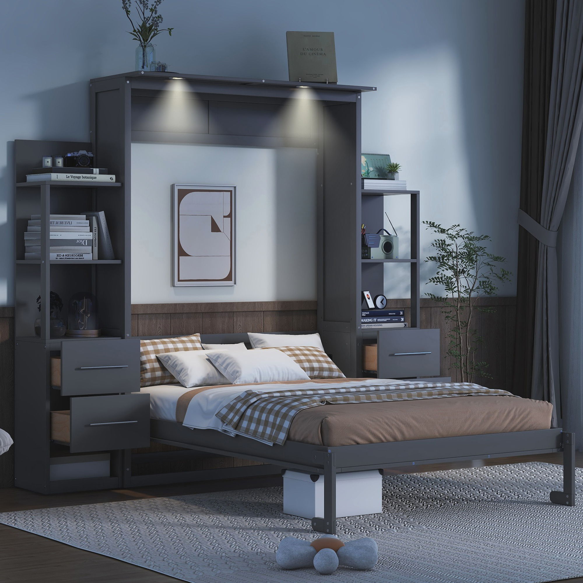 Murphy Wall Bed With LED Lights, Shelves And Drawers