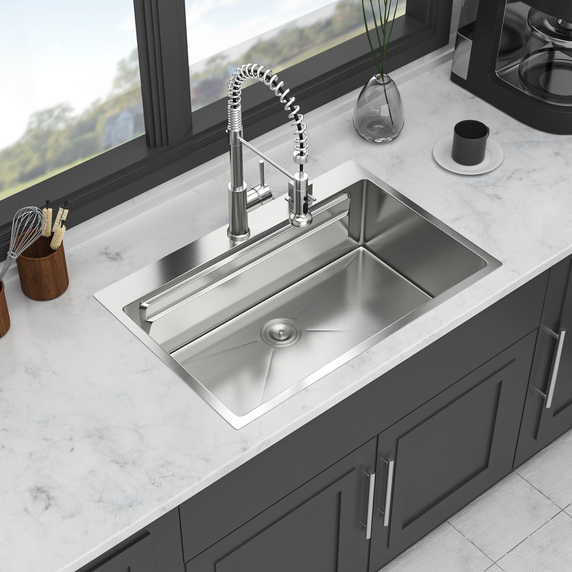 33" Drop In Kitchen Sink Single Bowl 16 Gauge Stainless Steel Ledge Workstation - Black