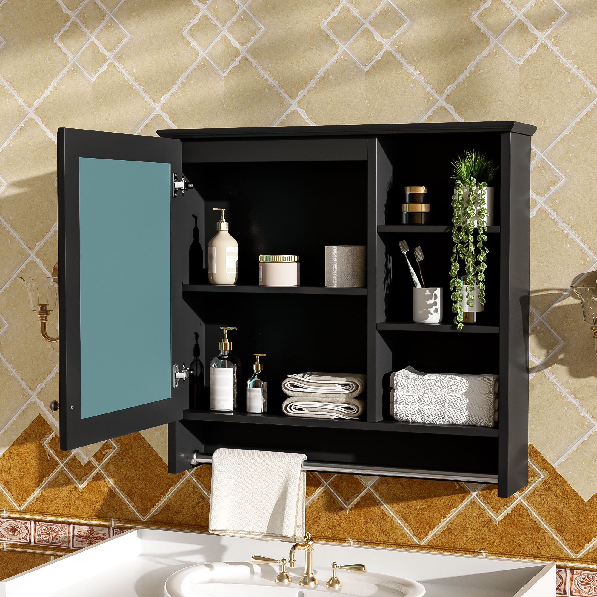 Wall Mount 2 In 1 Mirror Cabinet With Adjustable Shelf, Soft-Closing Hinges