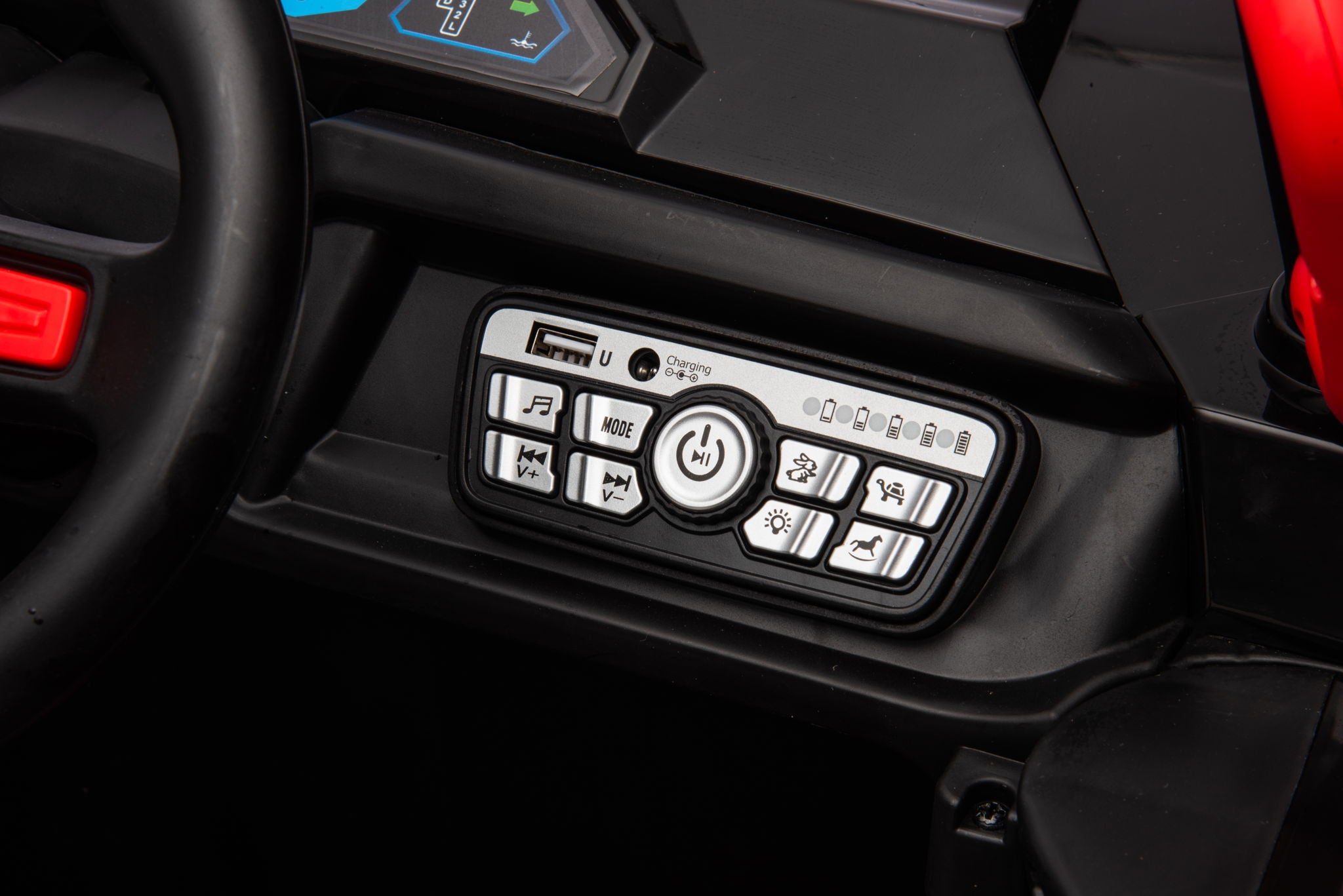 12V7A*2 30W*4 Four-Wheel Drive Seat One Button Start, Forward And Backward, High And Low Speed, Music, Front Light, Power Display, Two Doors Can Open, 2.4G R / C, Seat Belt Four Wheel Absorber