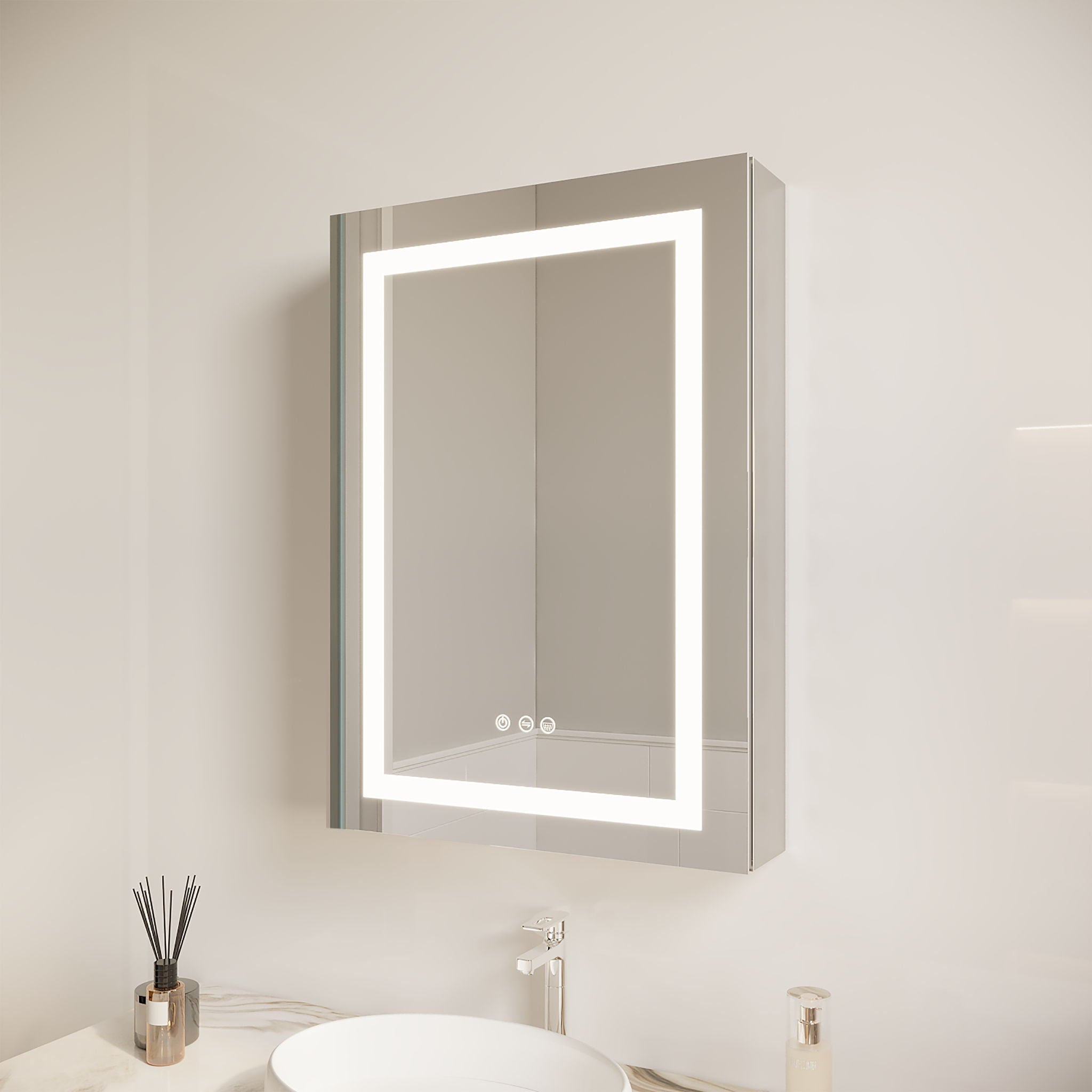 Bathroom Medicine Cabinet With LED Mirror, Anti-Fog, Waterproof, 3000K~6000K Single Door Lighted Bathroom Cabinet With Touch Swich
