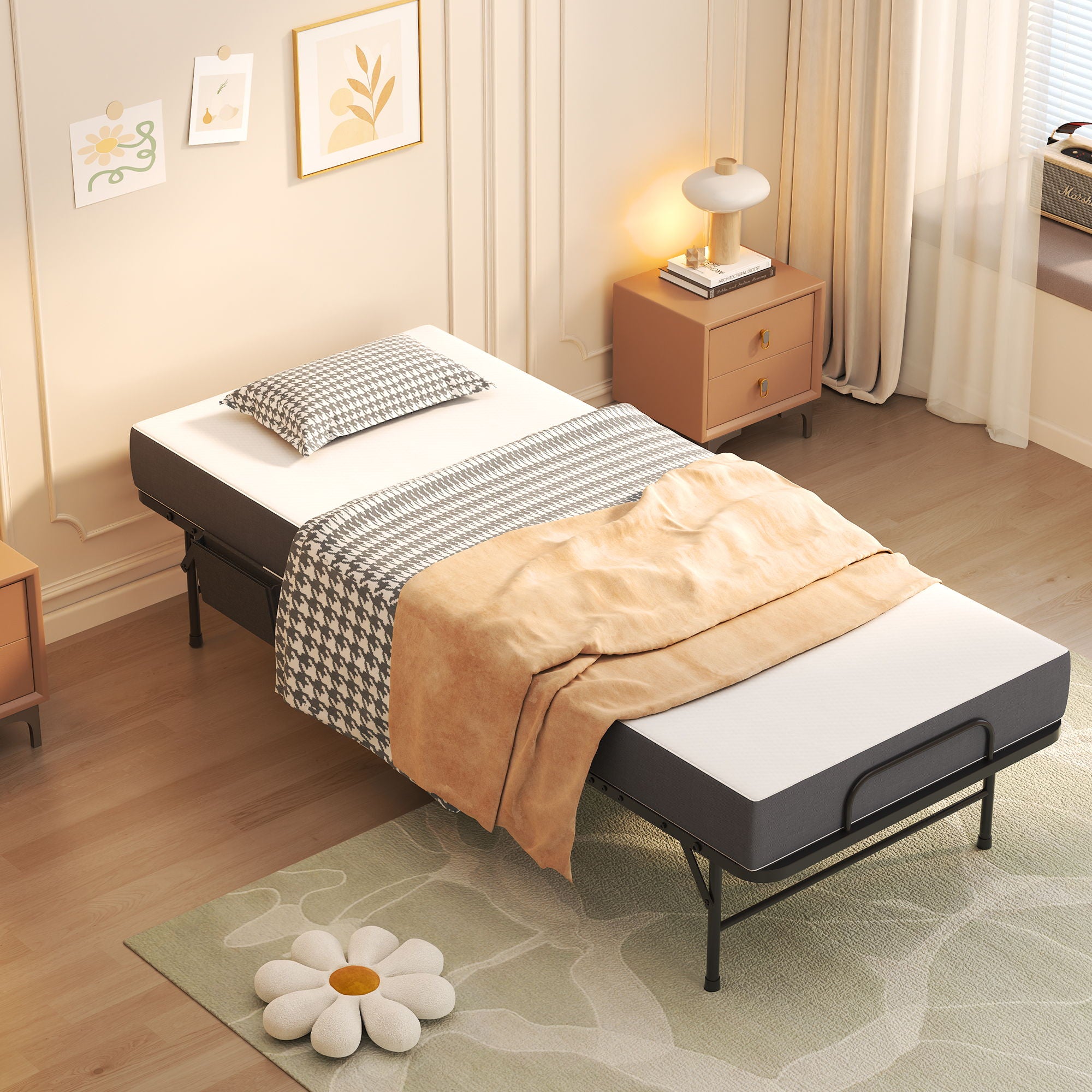 Twin Folding Bed With Memory Foam Mattress, Space Saving Rollaway Guest, On Wheels, Portable For Adults & Guests - Black