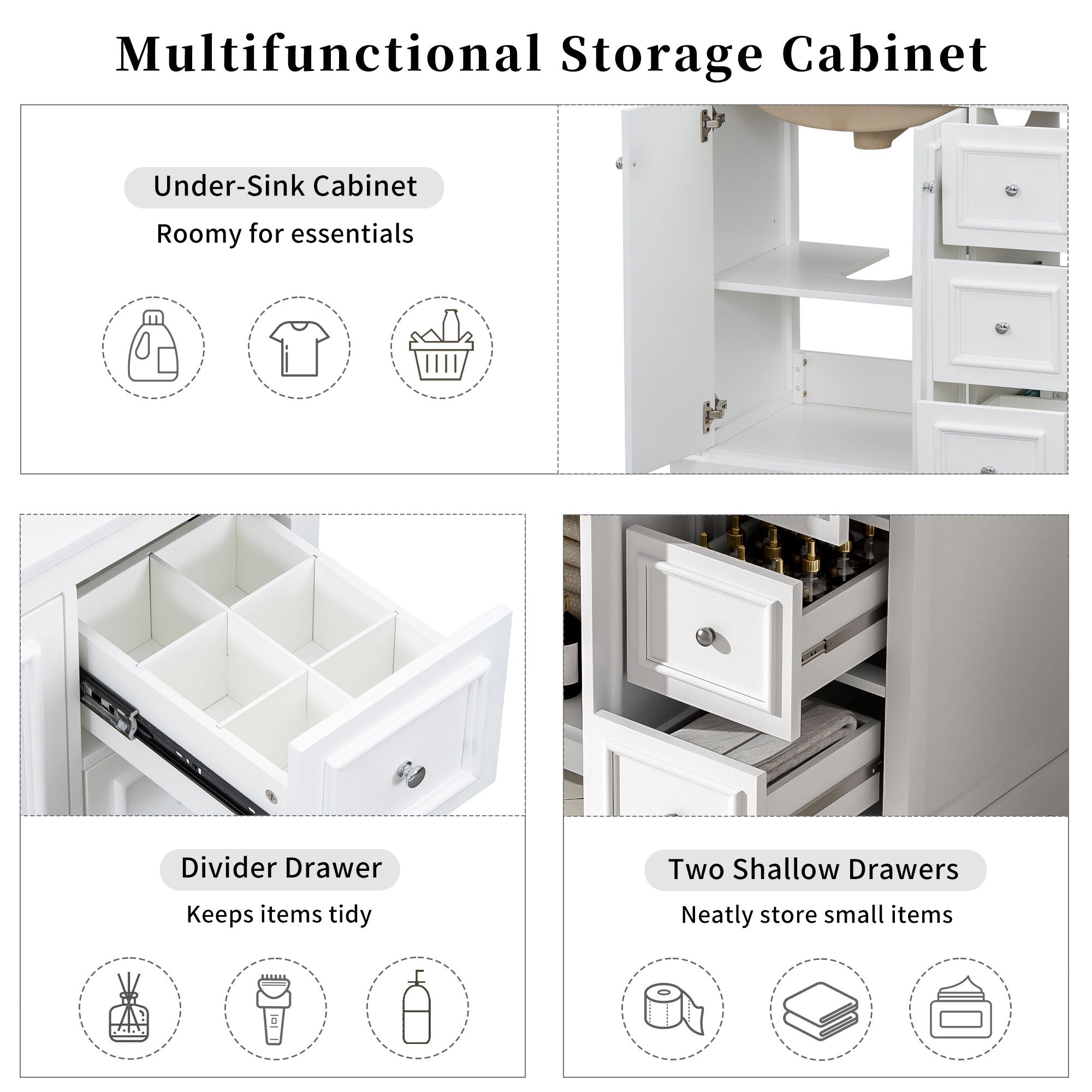 Bathroom Vanity With Sink, Soft-Close Doors, Adjustable U-Shelf, 3 Drawers