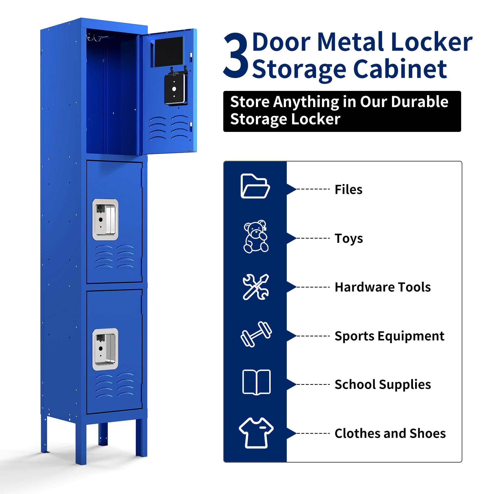 Lockers For Employees With 3 Door Storage Locker Durable For Gym, School, Office - Blue