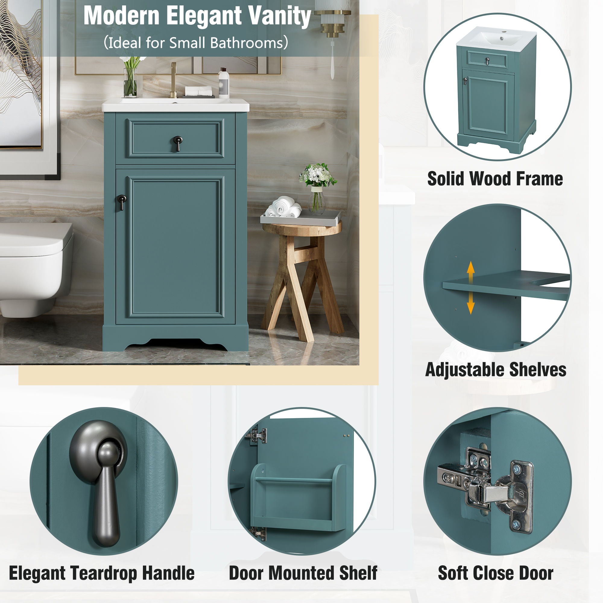 Elegant Bathroom Vanity With Ceramic Sink, Soft Close Door, Adjustable Shelf