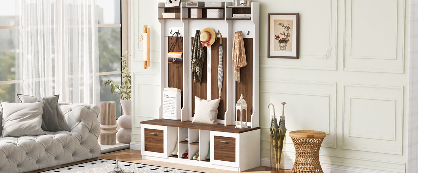 5 In 1 Entryway Bench With Coat Rack, 7 Sturdy Hooks, 2 Spacious Drawers And Adjustable Shelves