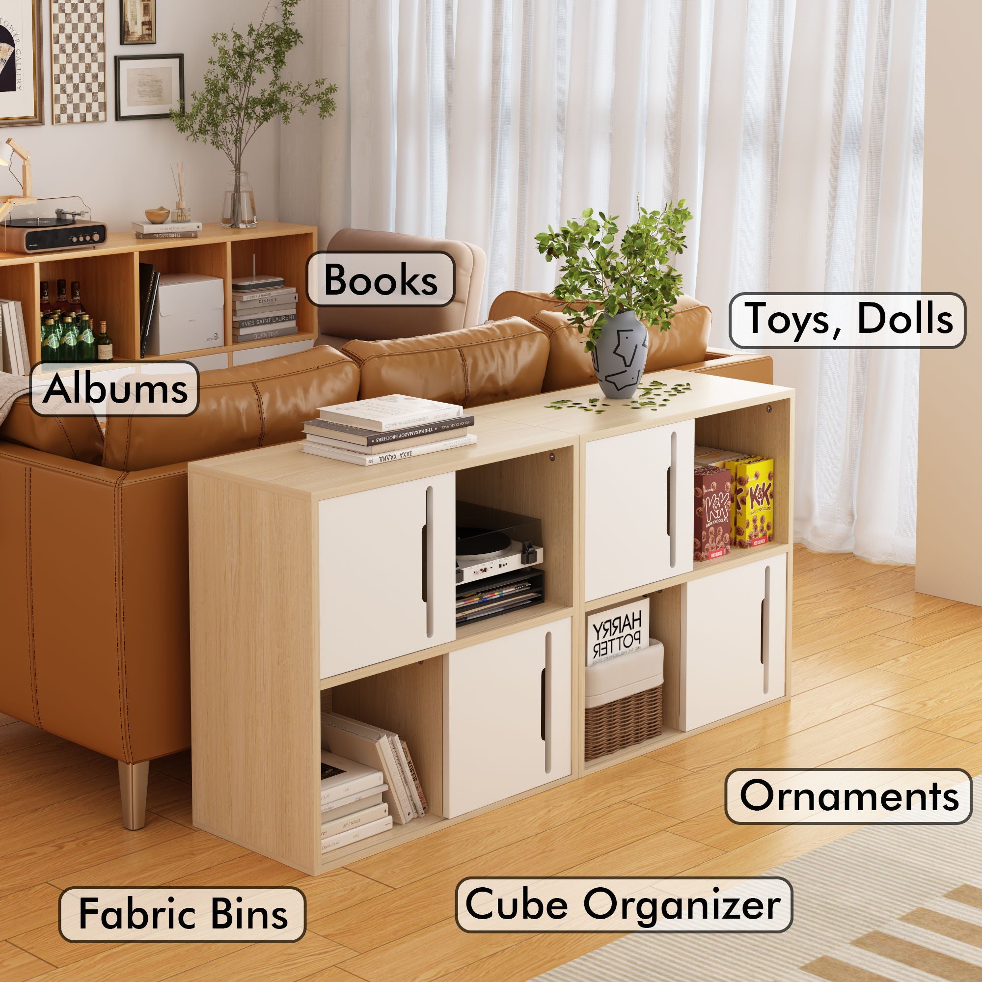 Storage Cabinet With Sliding Doors, 2 Tier Open And Closed Shelves Organizer - Natural / White