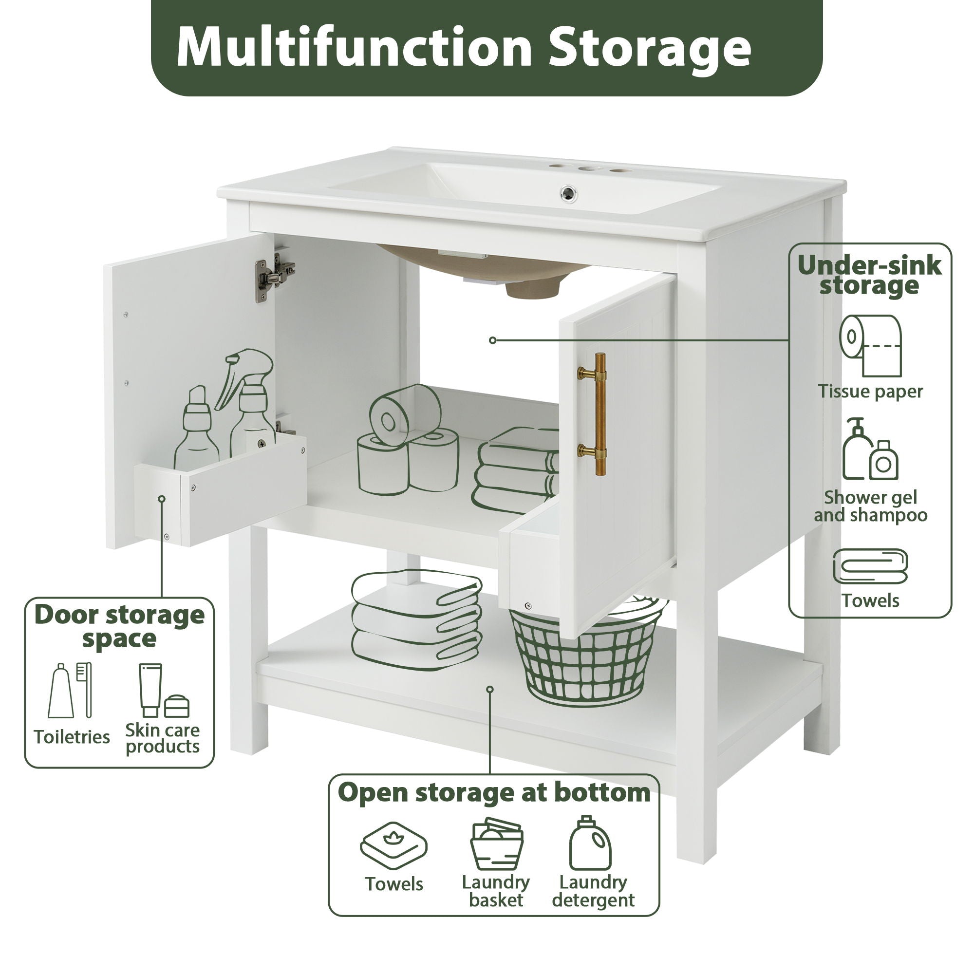 Elegant Bathroom Vanity With Ceramic Sink And Versatile Storage