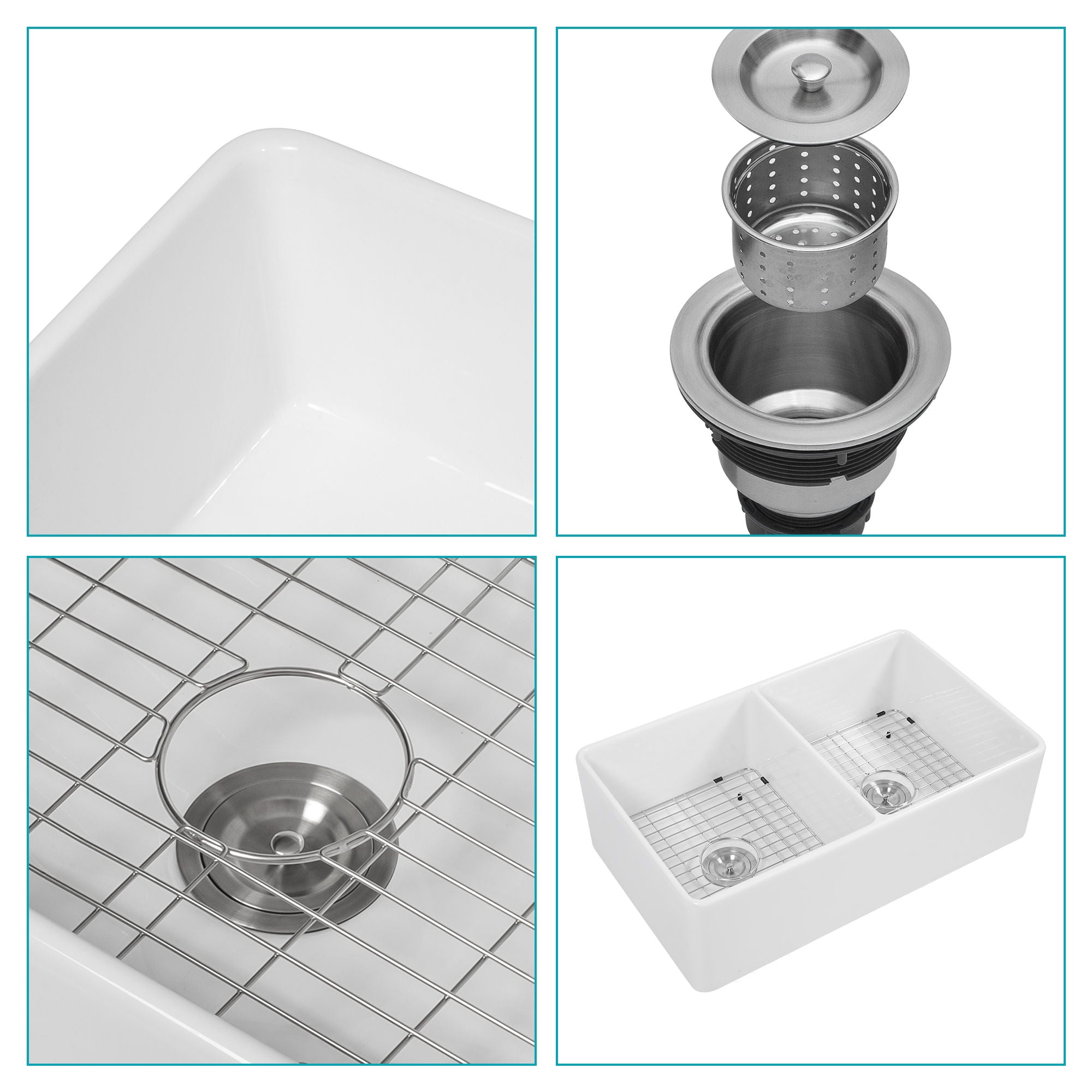 Sink 33" Double Bowl Kitchen Sink With Deep Bowls And Grids - White