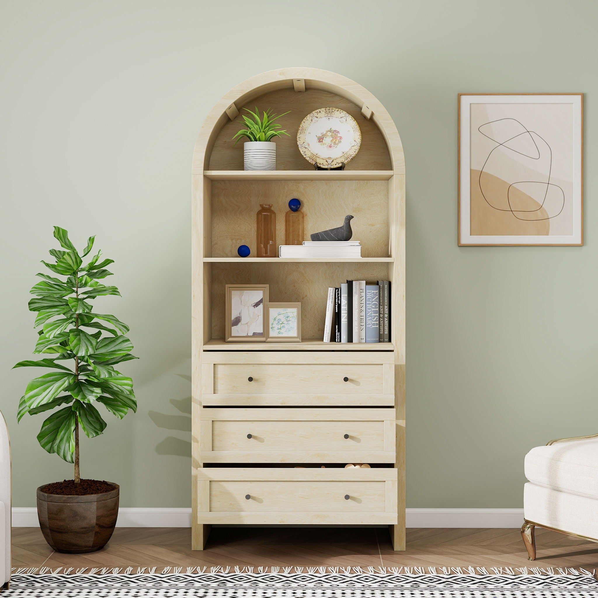 Arched Kitchen Pantry, Modern Farmhouse Wood Kitchen Storage Cabinets, Arched Storage Display Cabinet With Adjustable Shelves, Versatile Cupboard For Kitchen, Dining Room, Living Room - Natural