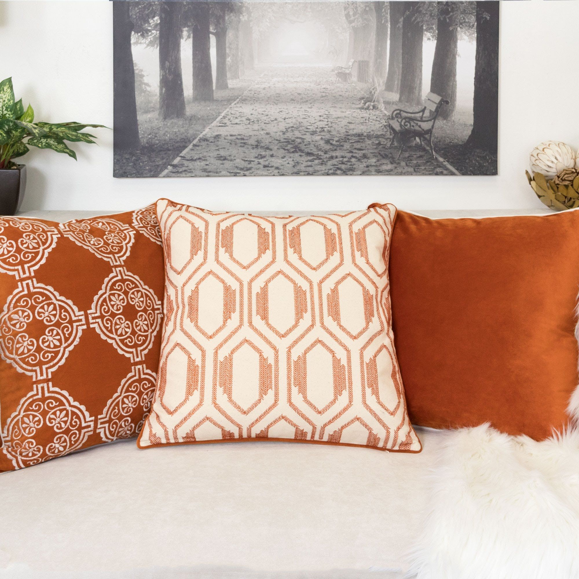 Geometric Embroidered Throw Pillow - Rust