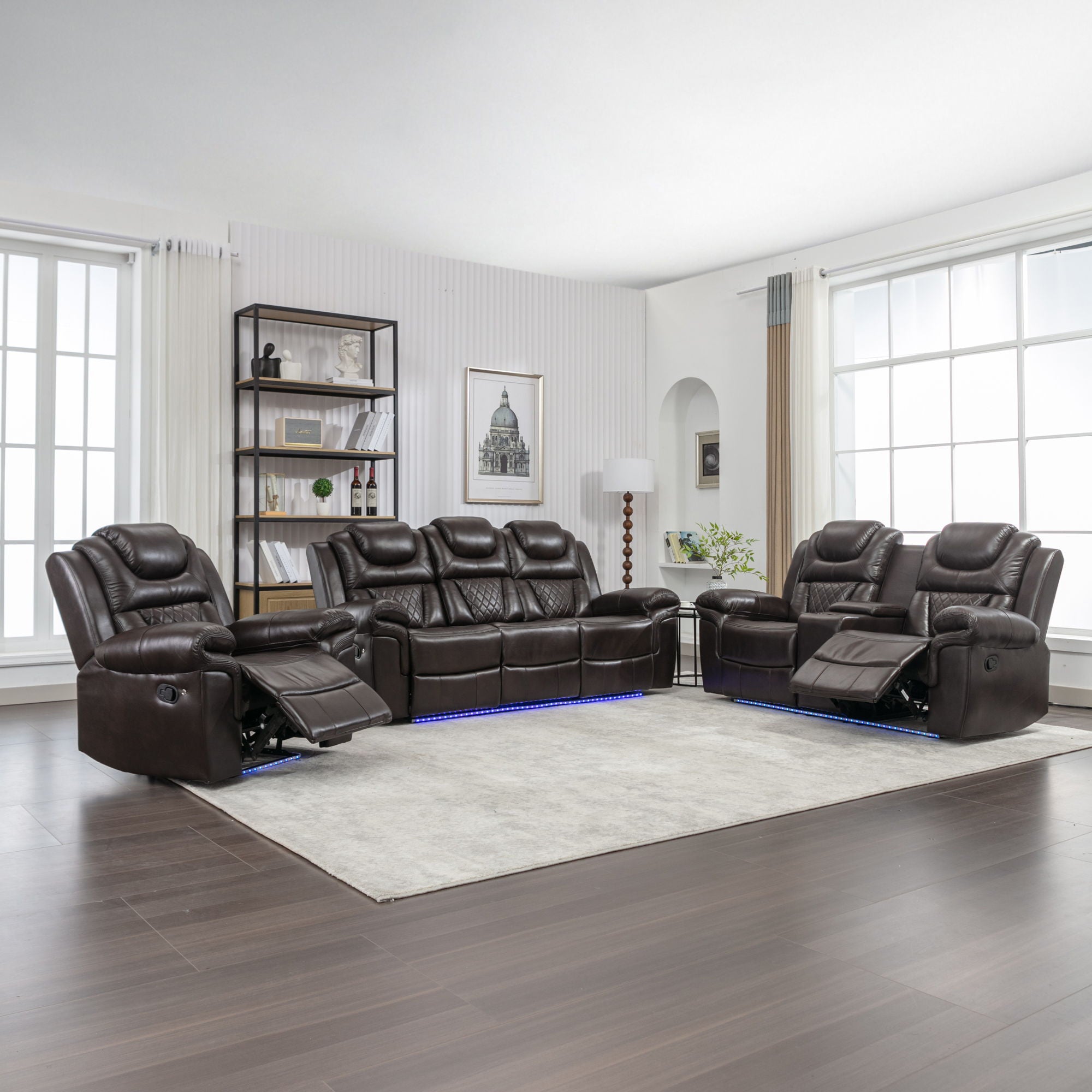 3 Pieces Recliner Sofa Sets Home Theater Seating Manual Recliner Chair With Center Console And LED Light Strip For Living Room