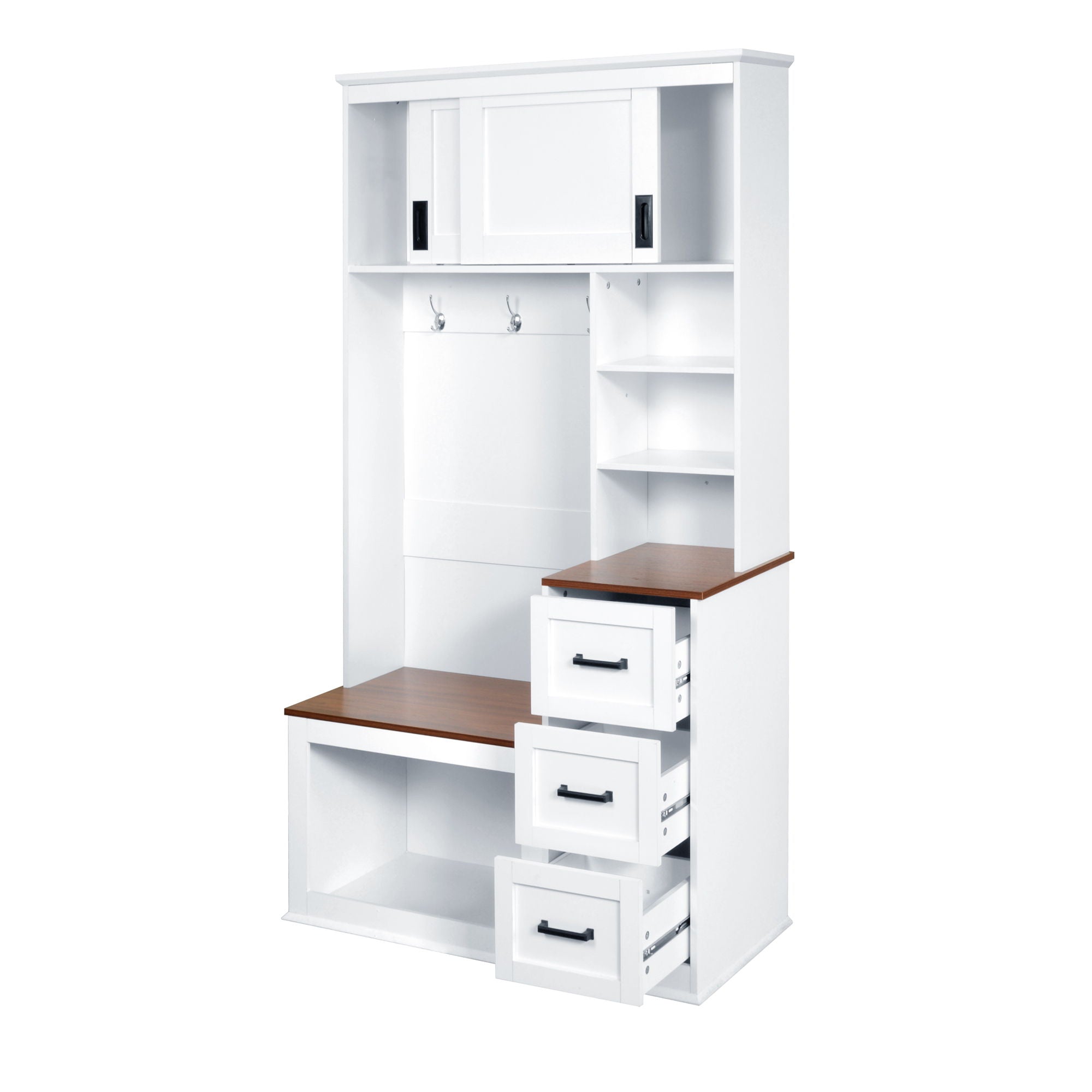 Modern Wide Hall Tree With Coat Rack, 3 Shelves And Drawers, 3 Sturdy Hooks