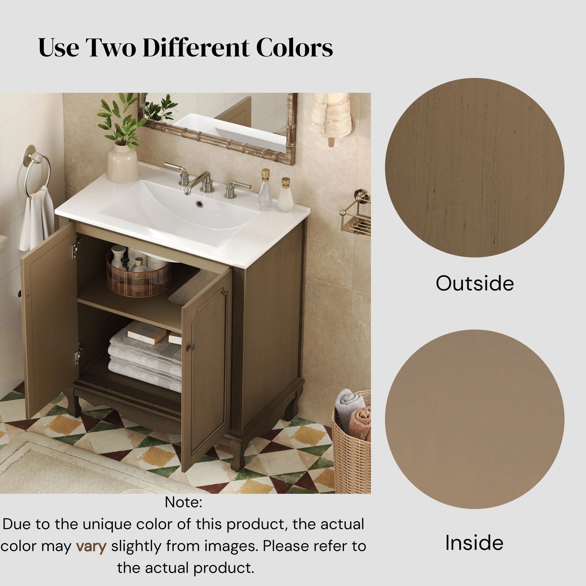 Vintage Bathroom Vanity With Ceramic Sink, Adjustable Shelves