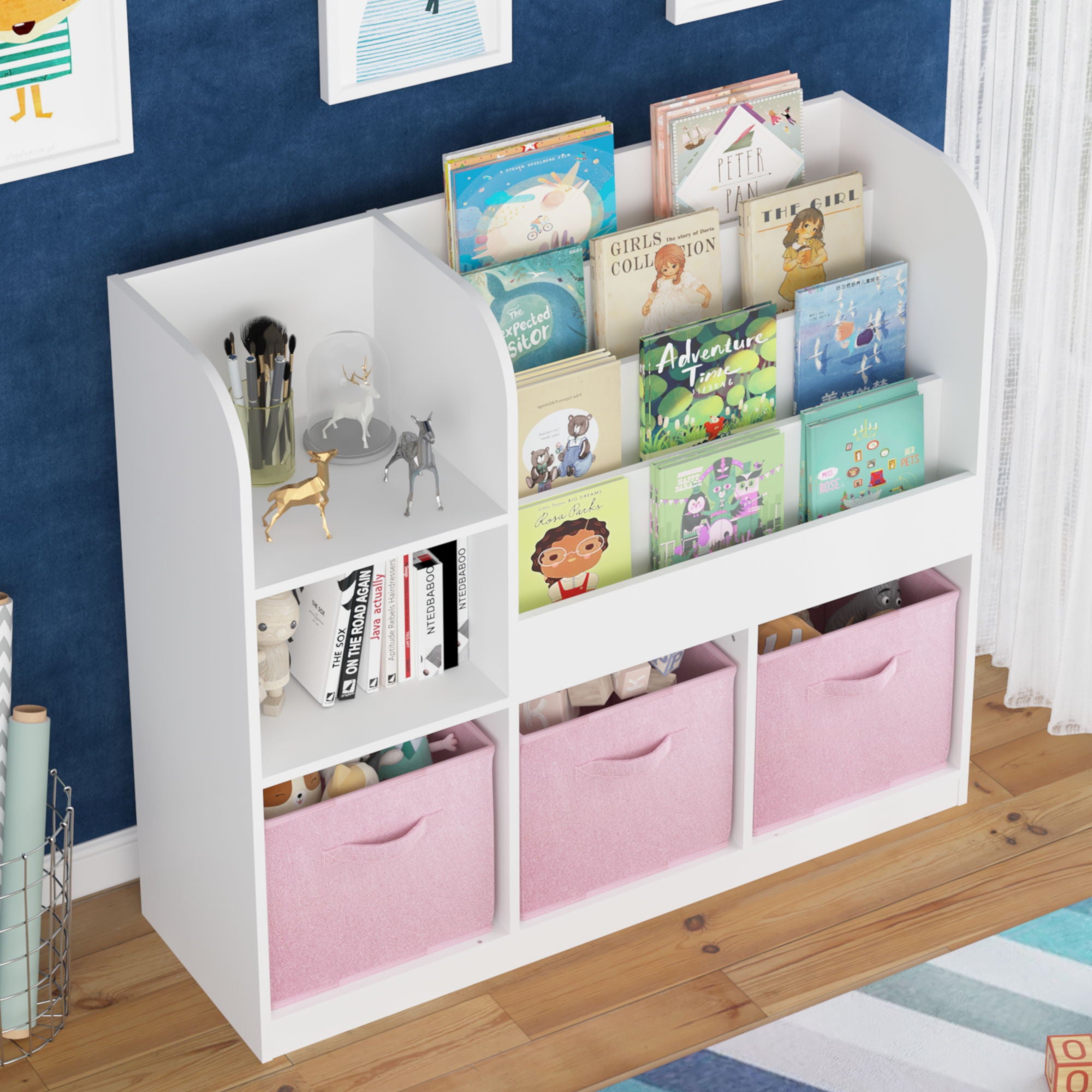 Bookcase And Bookshelf With 3 Collapsible Drawers, Multifunctional Display Stand