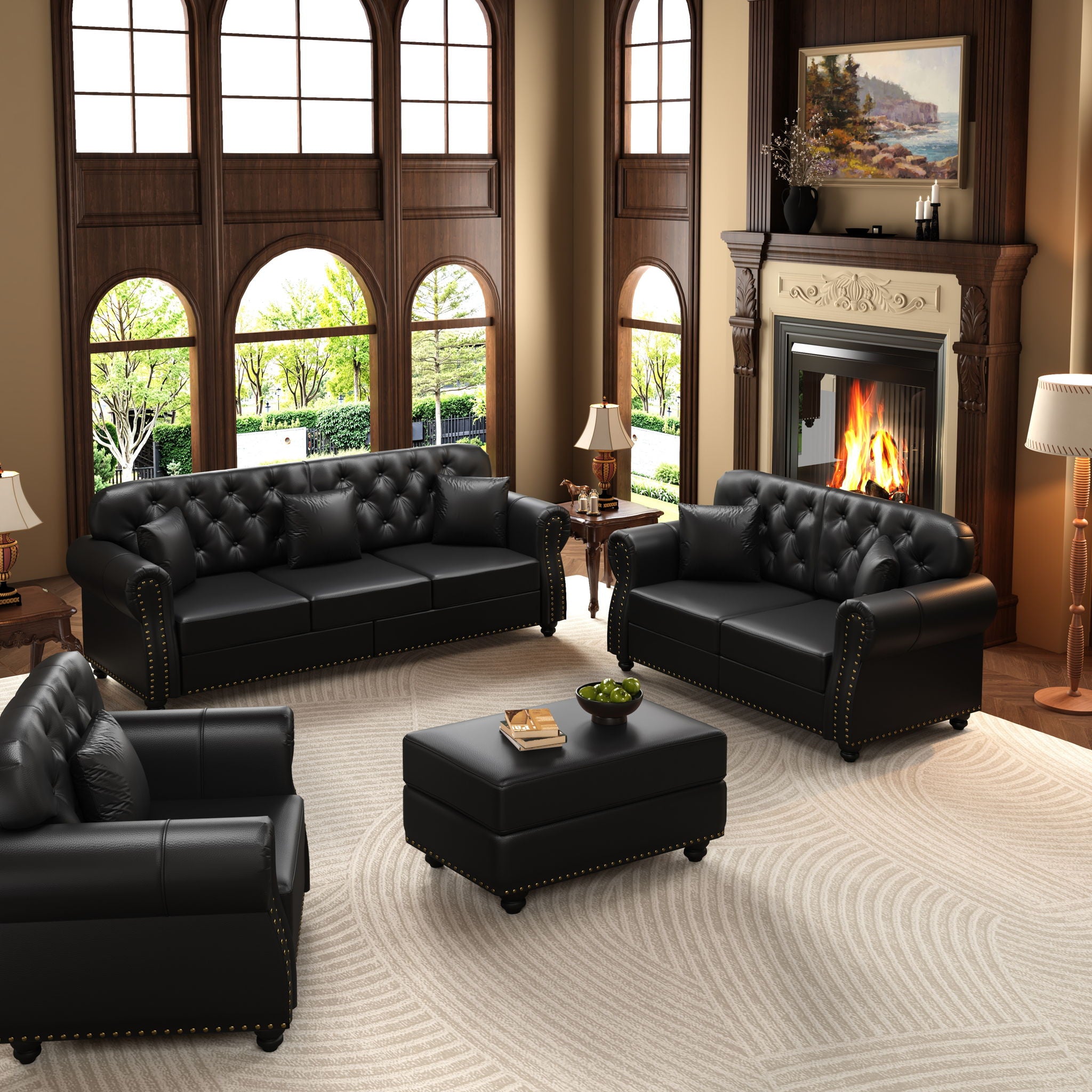 Upholstered Sofa With Nailhead Trim, Rolled Armrests With Ottoman