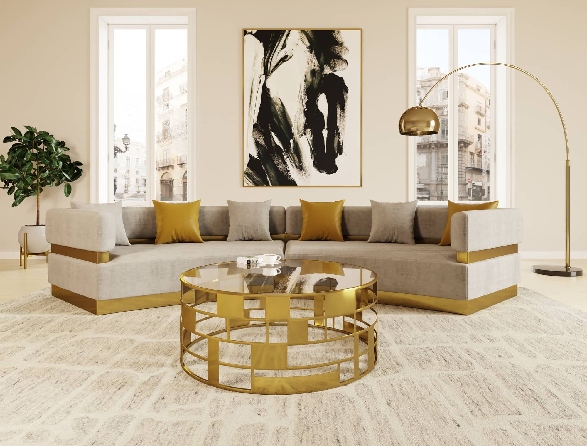 Divani Casa Kiva - Glam Beige + Gold Fabric Curved Sectional Sofa