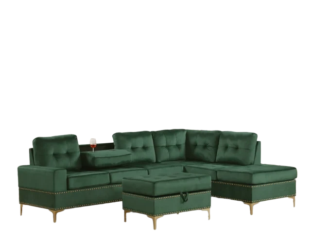 Anserra Green Reversible Sectional + Ottoman Set