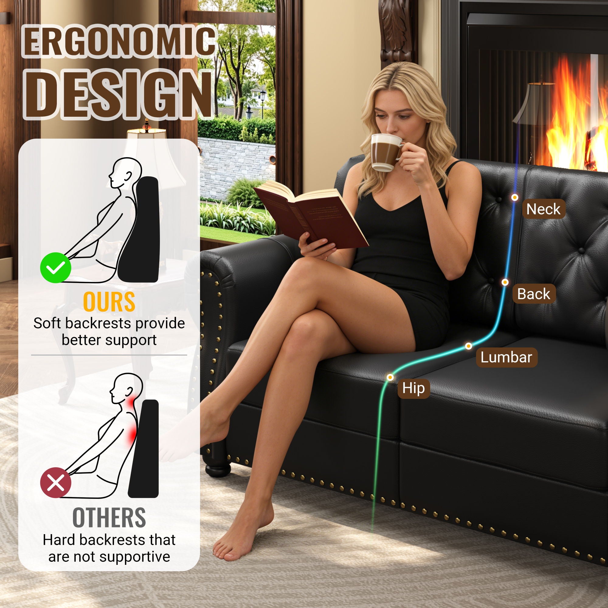 Upholstered Sofa With Nailhead Trim, Rolled Armrests With Ottoman