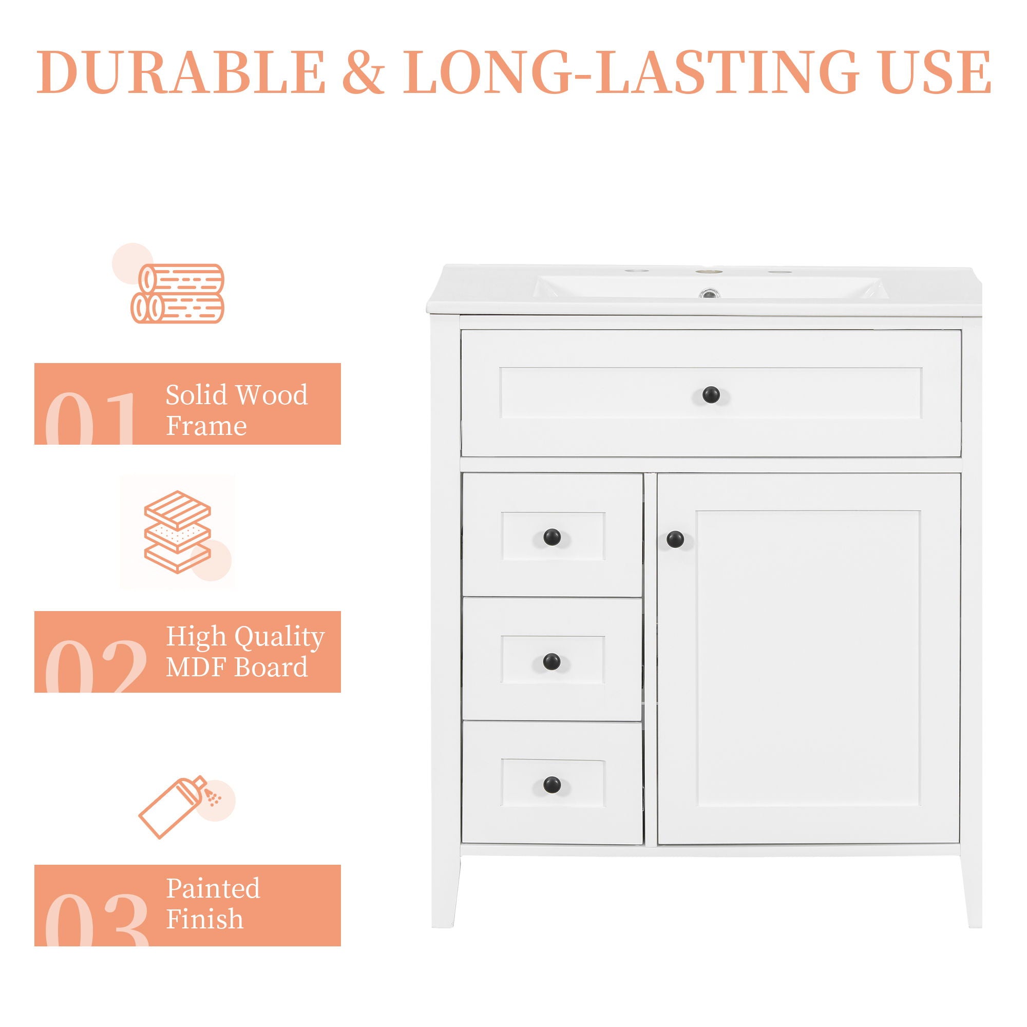 Modern Bathroom Vanity With Sink, 3 Drawers And Adjustable Shelf