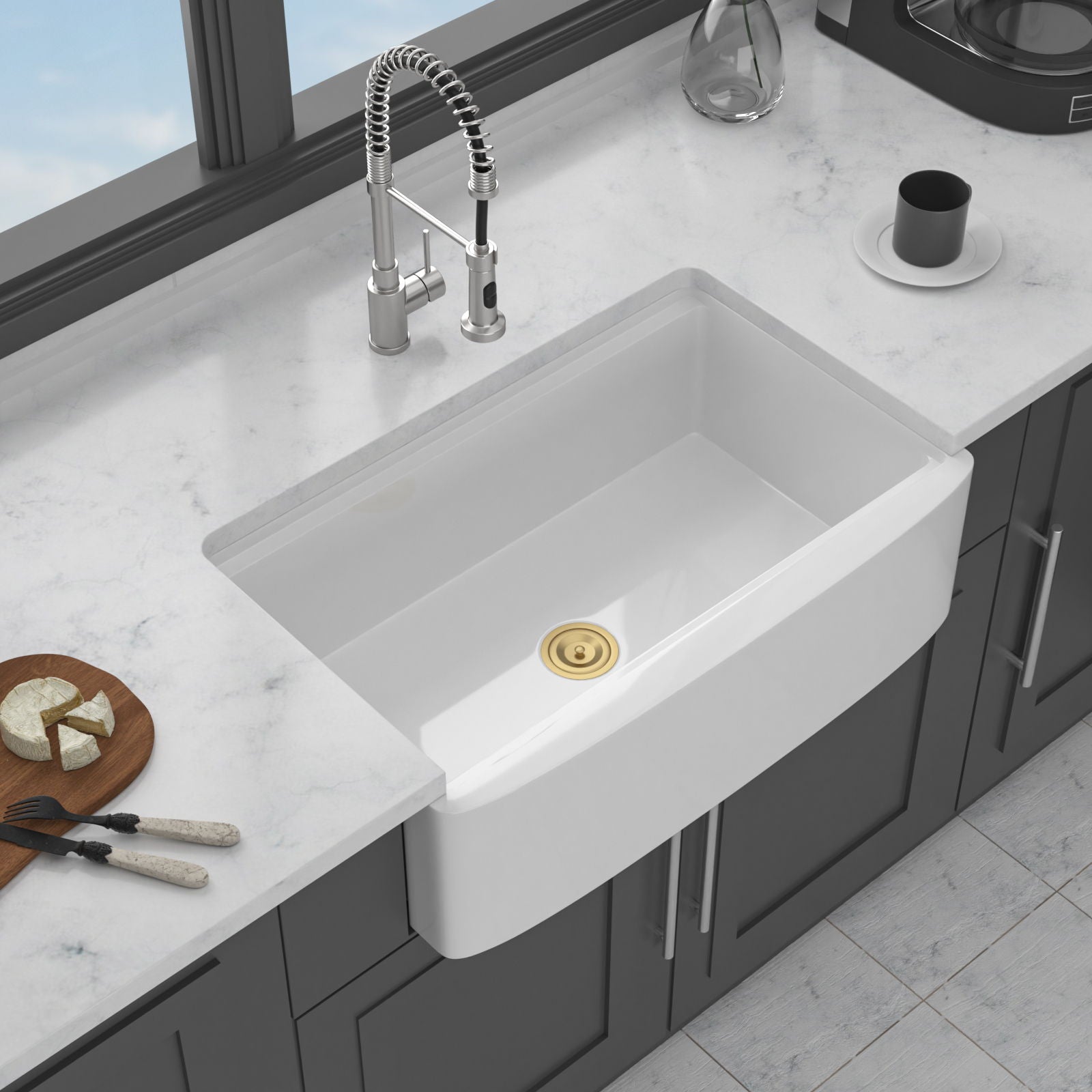 Kitchen Sink Workstation With Deep Bowl And Space-Saving Track Design - White