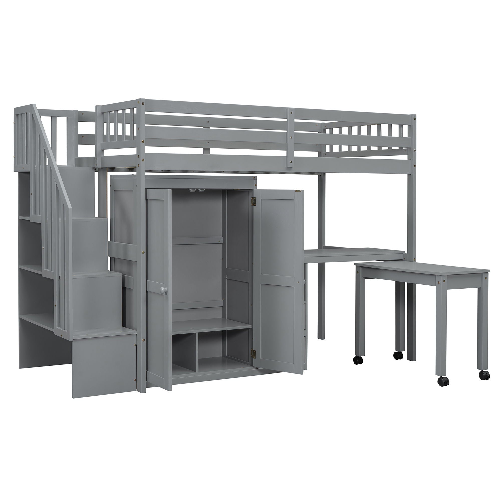 Loft Bed With Stairs, Bookshelf, Drawers, Desk & Wardrobe, Space Saving Multifunctional Furniture