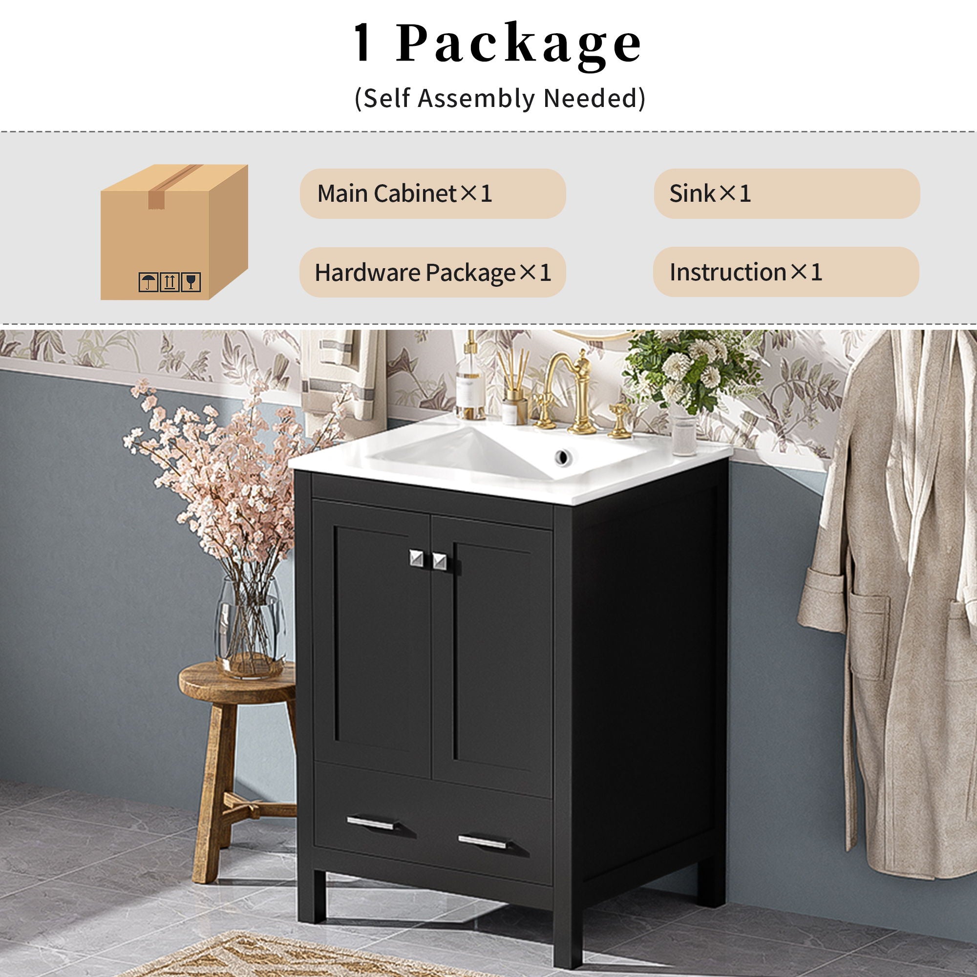 Bathroom Vanity With Integrated Undermount Ceramic Sink, 2 Doors And 1 Drawer, Soft Close Hinges