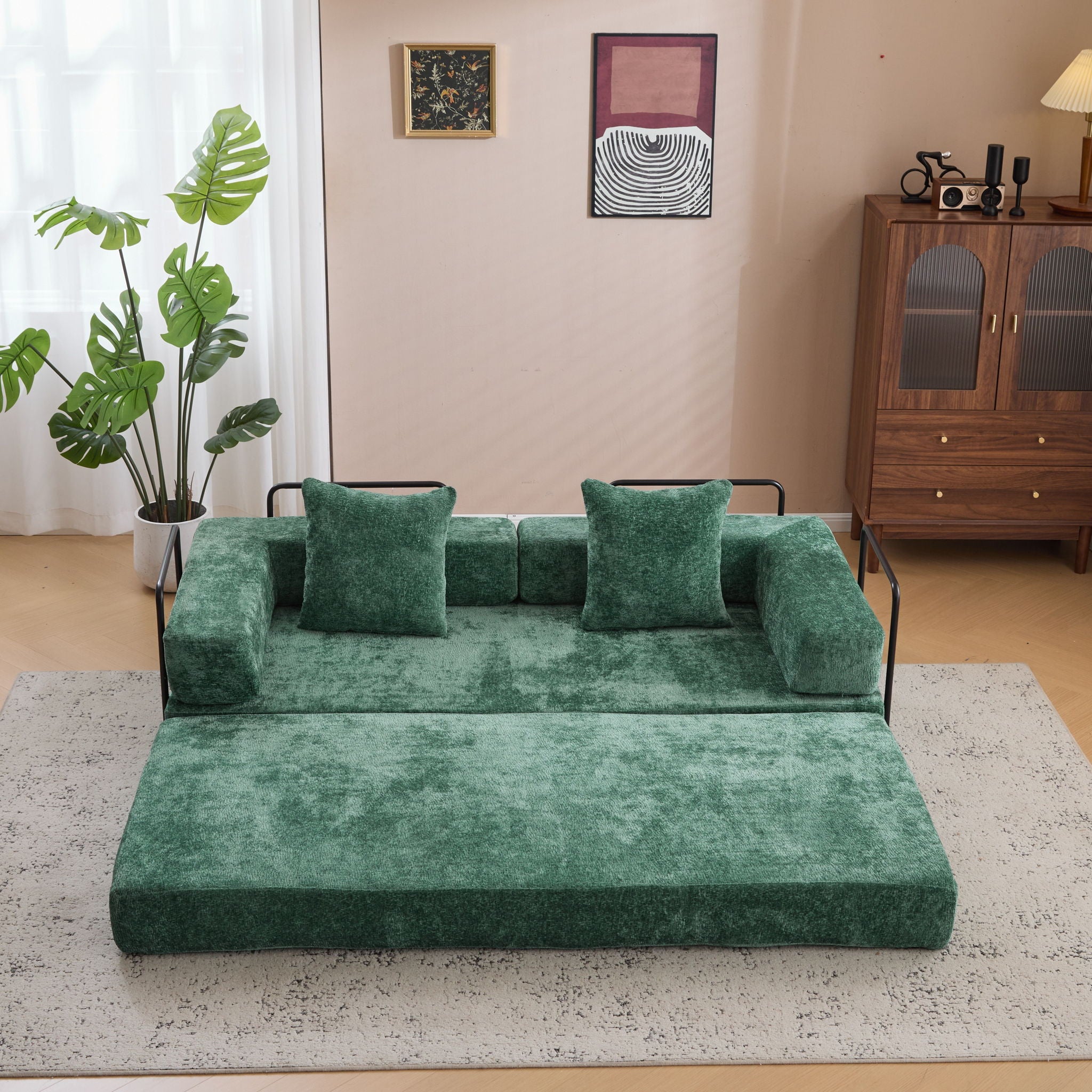 Convertible Floor Sofa Bed With Pillow Back Support Armrest